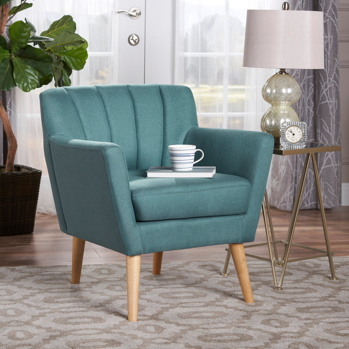 Mid Century Modern Club Chair In Dark Teal Fabric