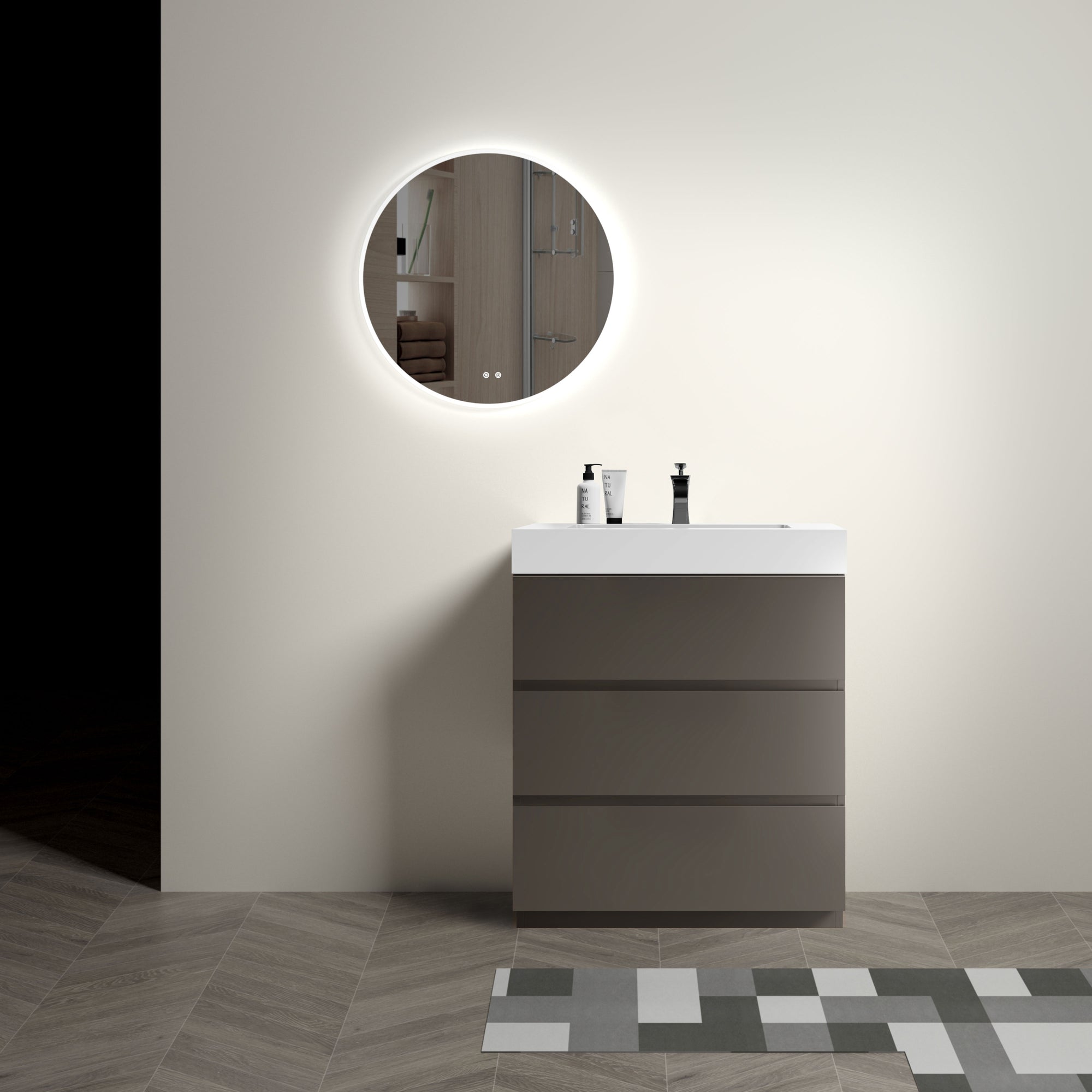 30' Gray Bathroom Vanity with Sink for Modern Space, Large Storage Freestanding Design, One-Piece White Sink Basin, Pre-assembled In Gray