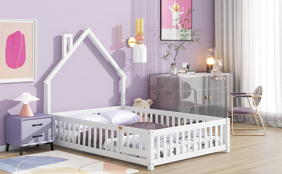 White Full House-Shaped Headboard Toddler Floor Bed with Fence