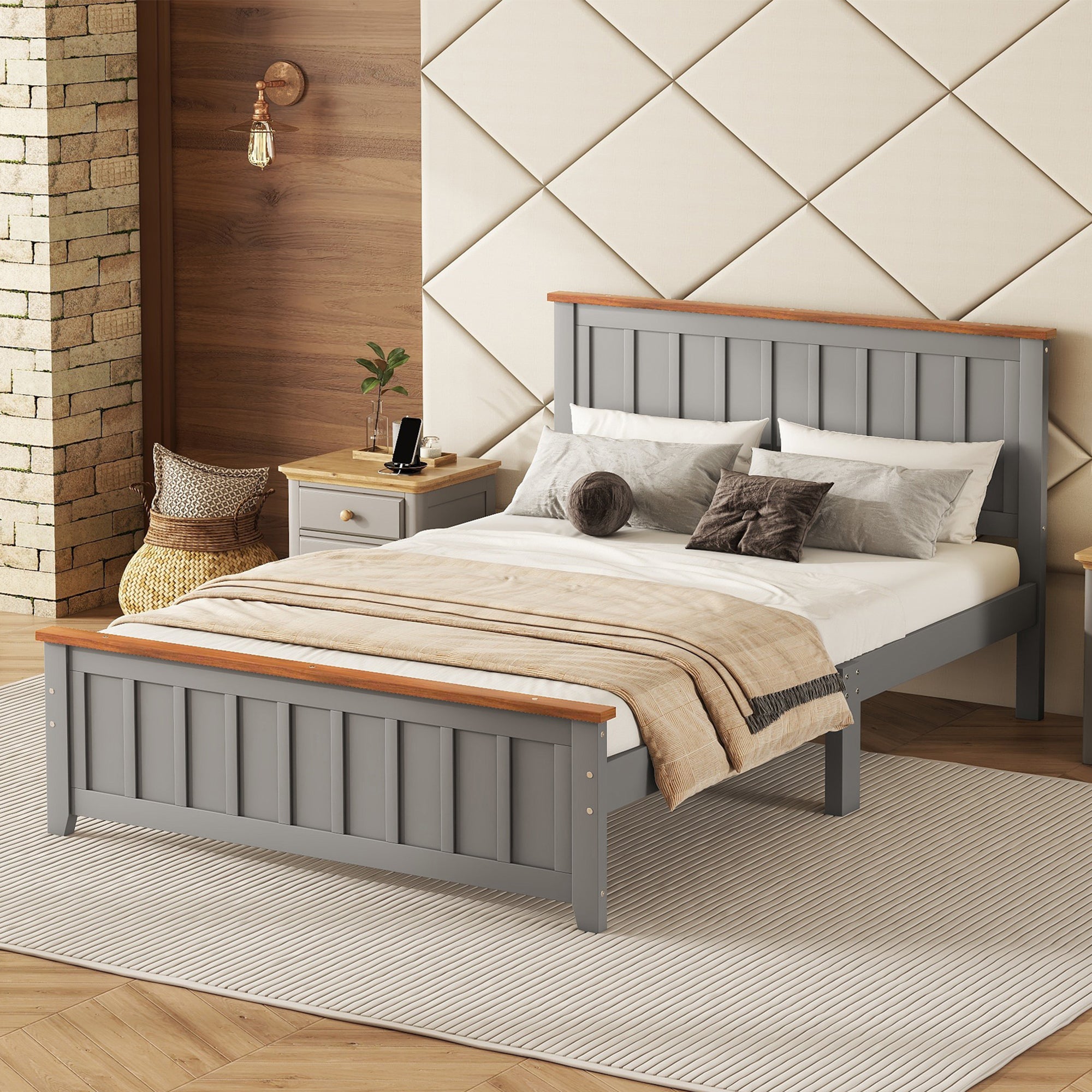 Full Size Wood Platform Bed With Wooden Slat Support Vintage Simple Design In Grey