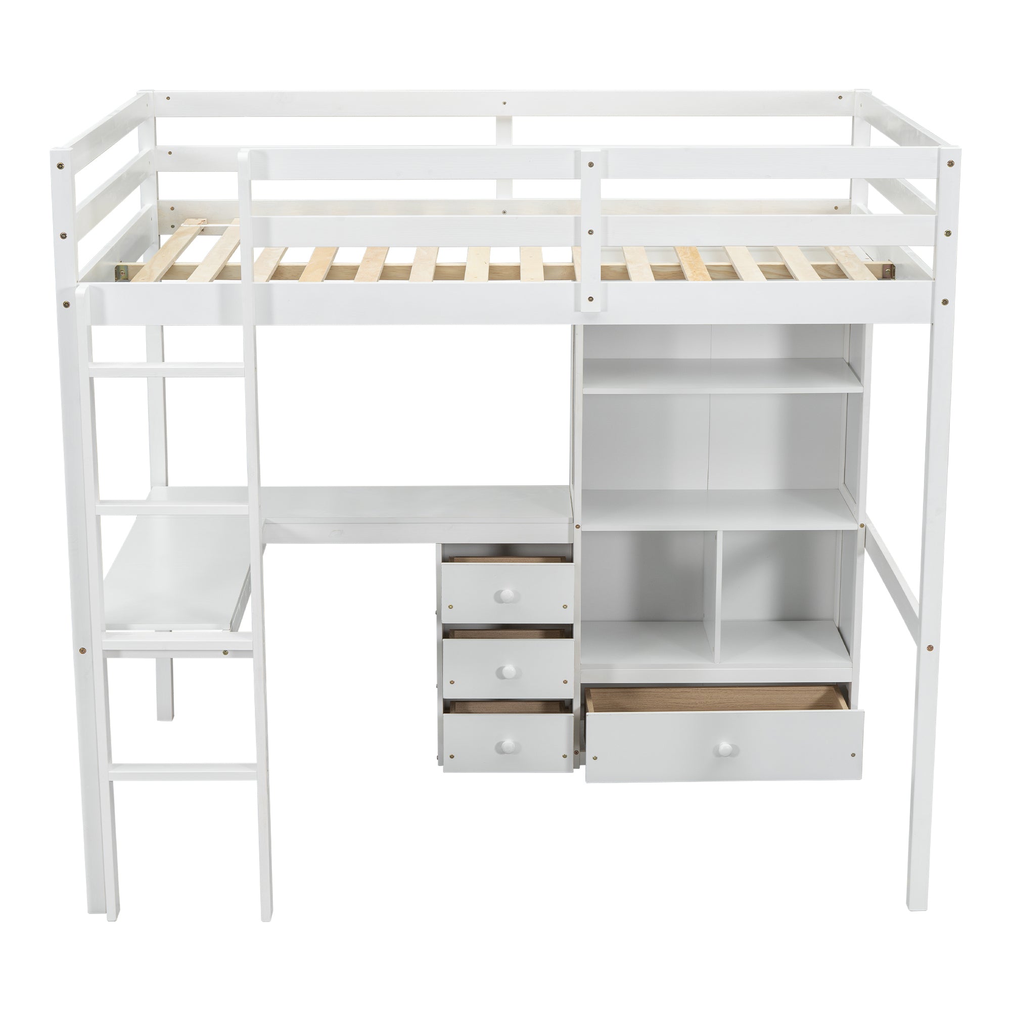 White Full Size Loft Bed with Desk, Storage Shelves, Drawers, and Built-in Ladder