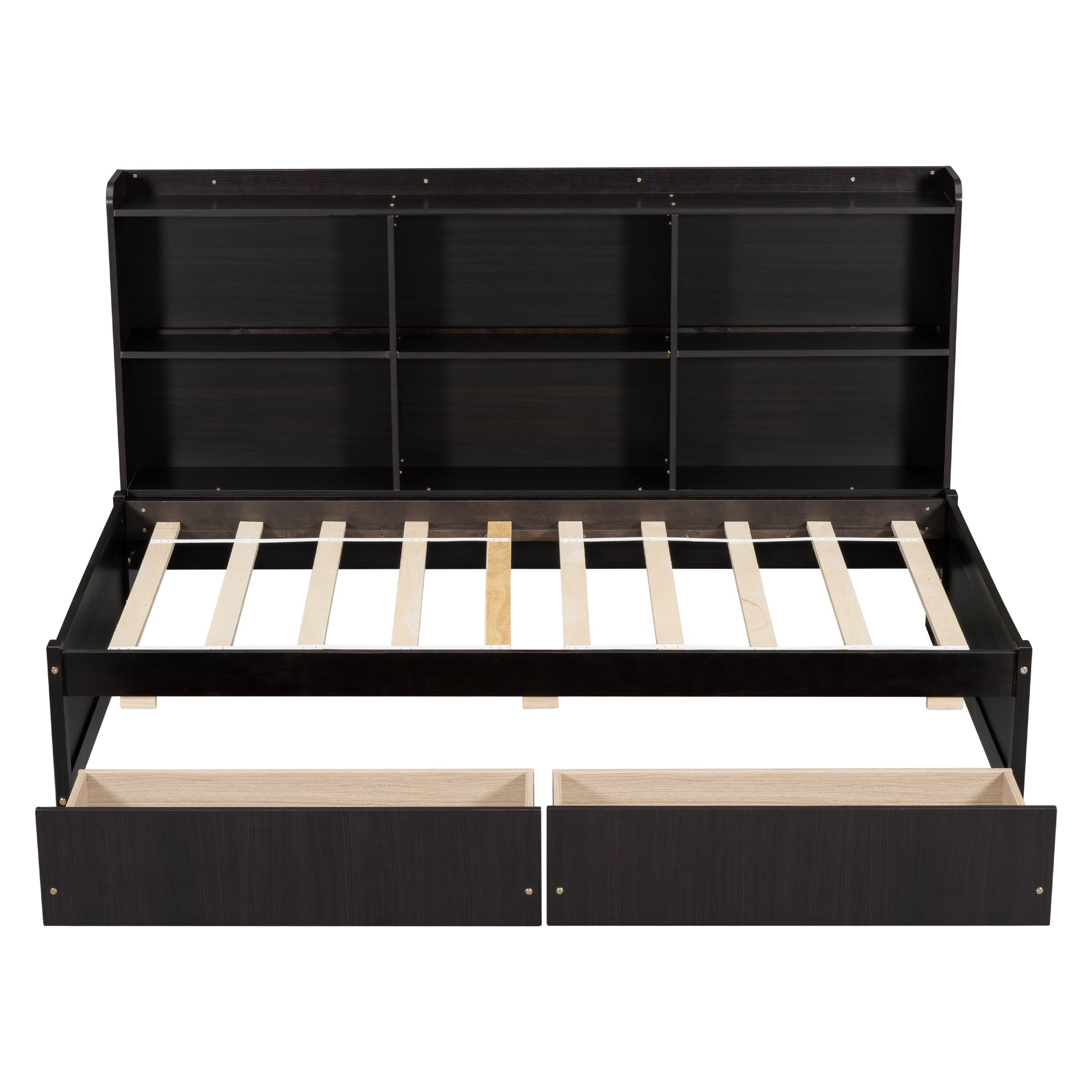 Espresso Tone Twin Bed with Side Bookcase and Storage Drawers