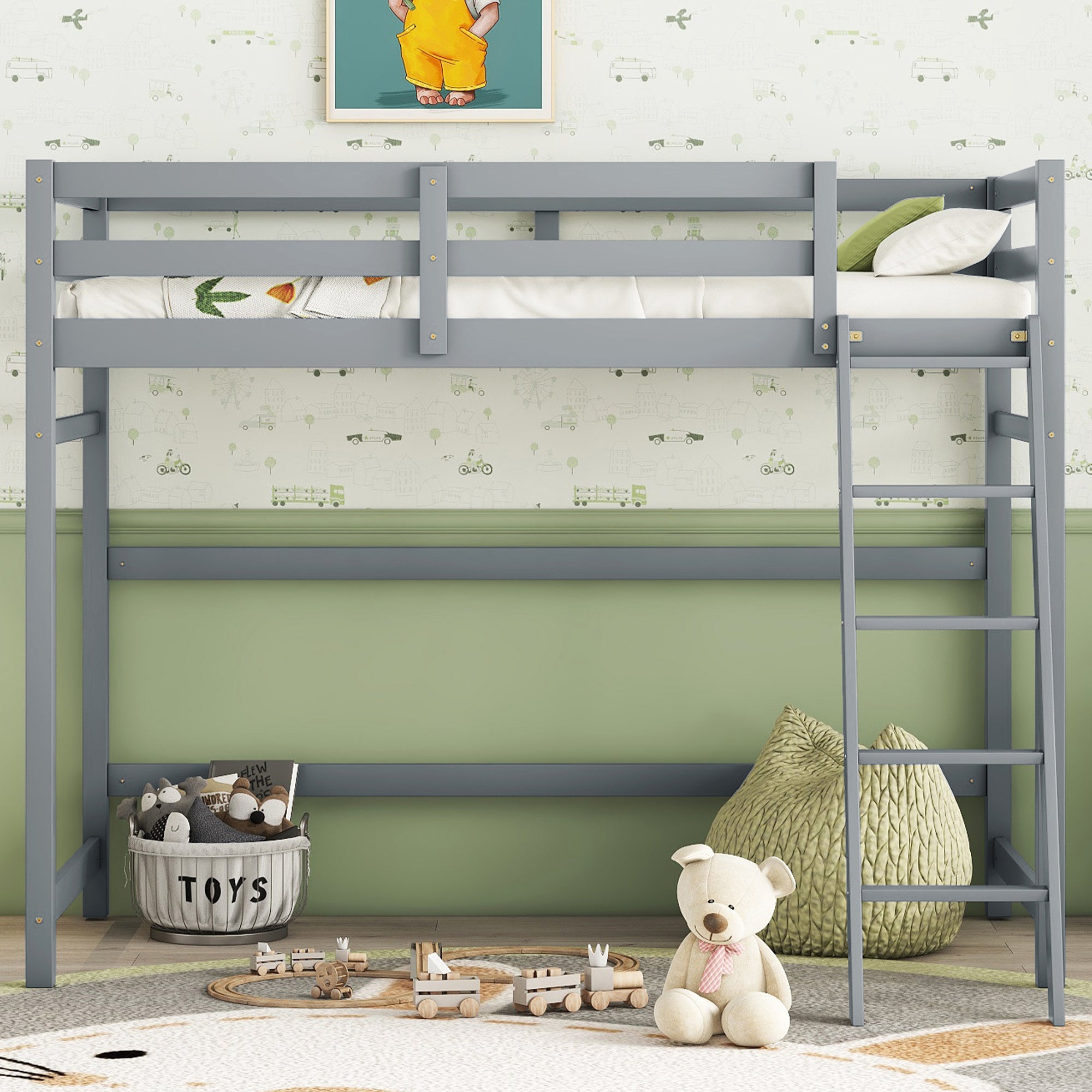 Gray Twin Size High Loft Bed with Inclined Ladder and Guardrails