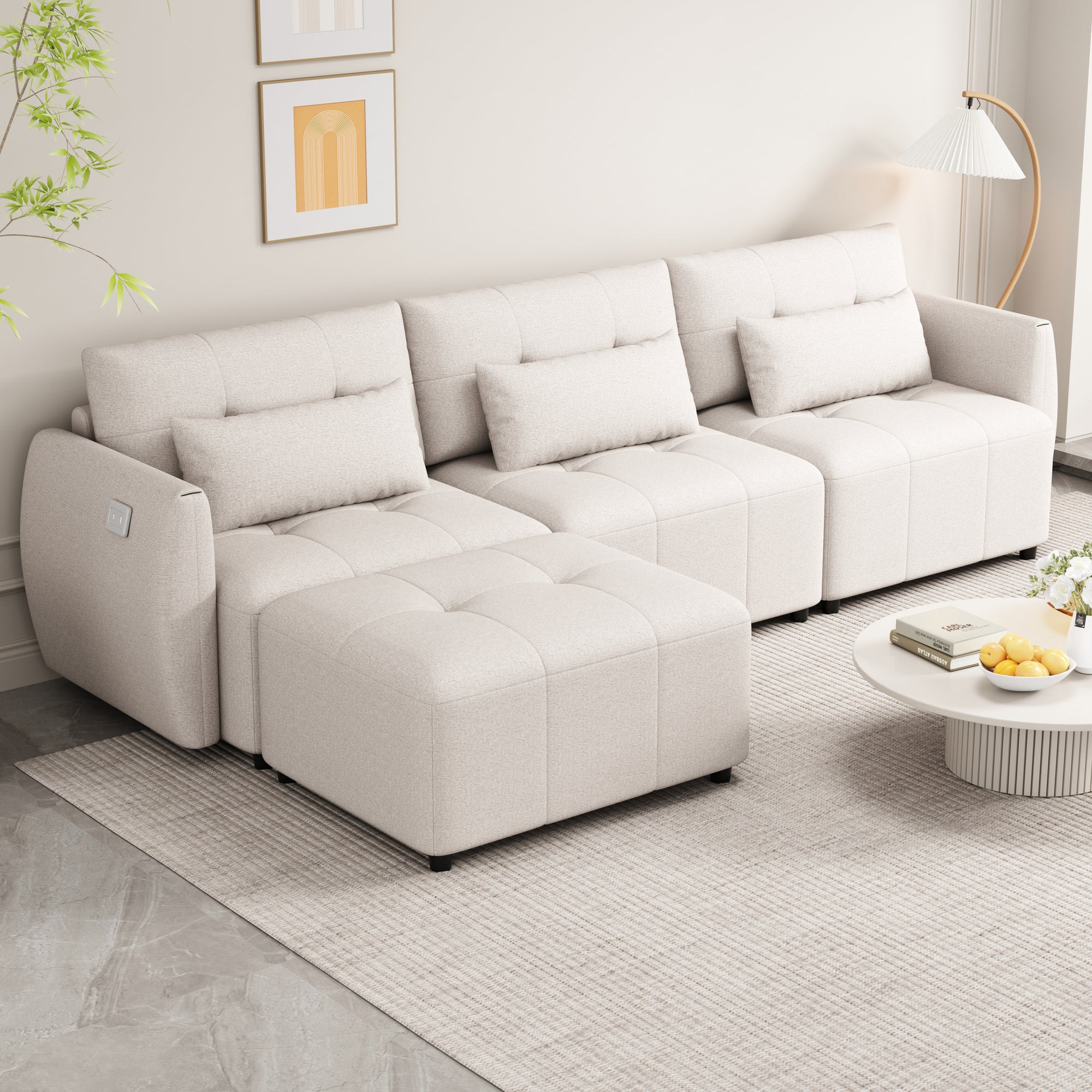 Khartoum Sectional Sofa with Movable Ottoman in Beige Chenille