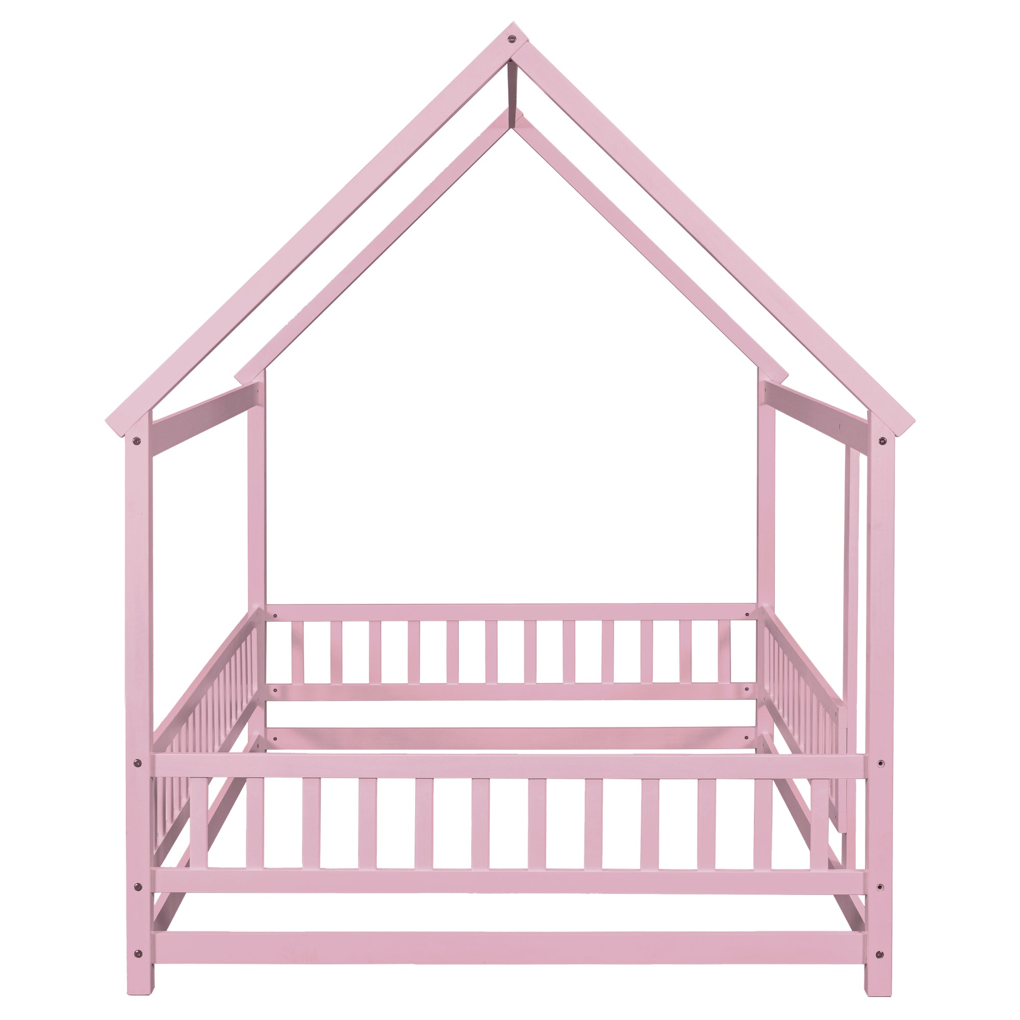 Pink Full-Size Toddler Floor Wooden Bed with House Roof Frame & Fence Guardrails