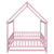 Pink Full-Size Toddler Floor Wooden Bed with House Roof Frame & Fence Guardrails