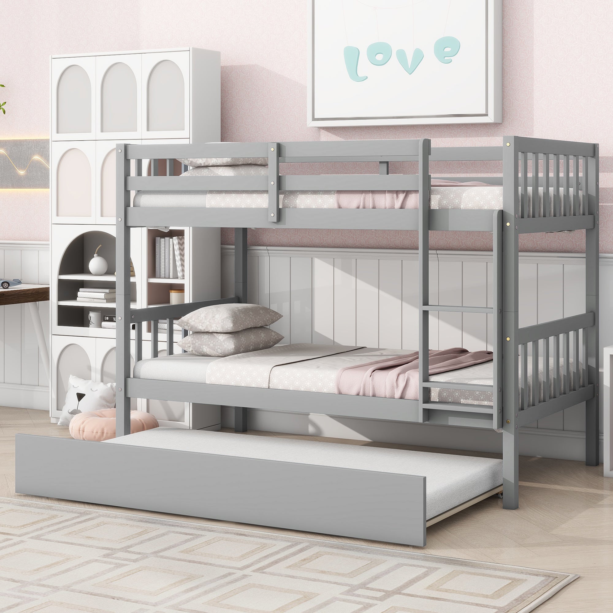 Gray Twin Over Twin Rubber Wood Bunk Bed with Trundle – Convertible Design