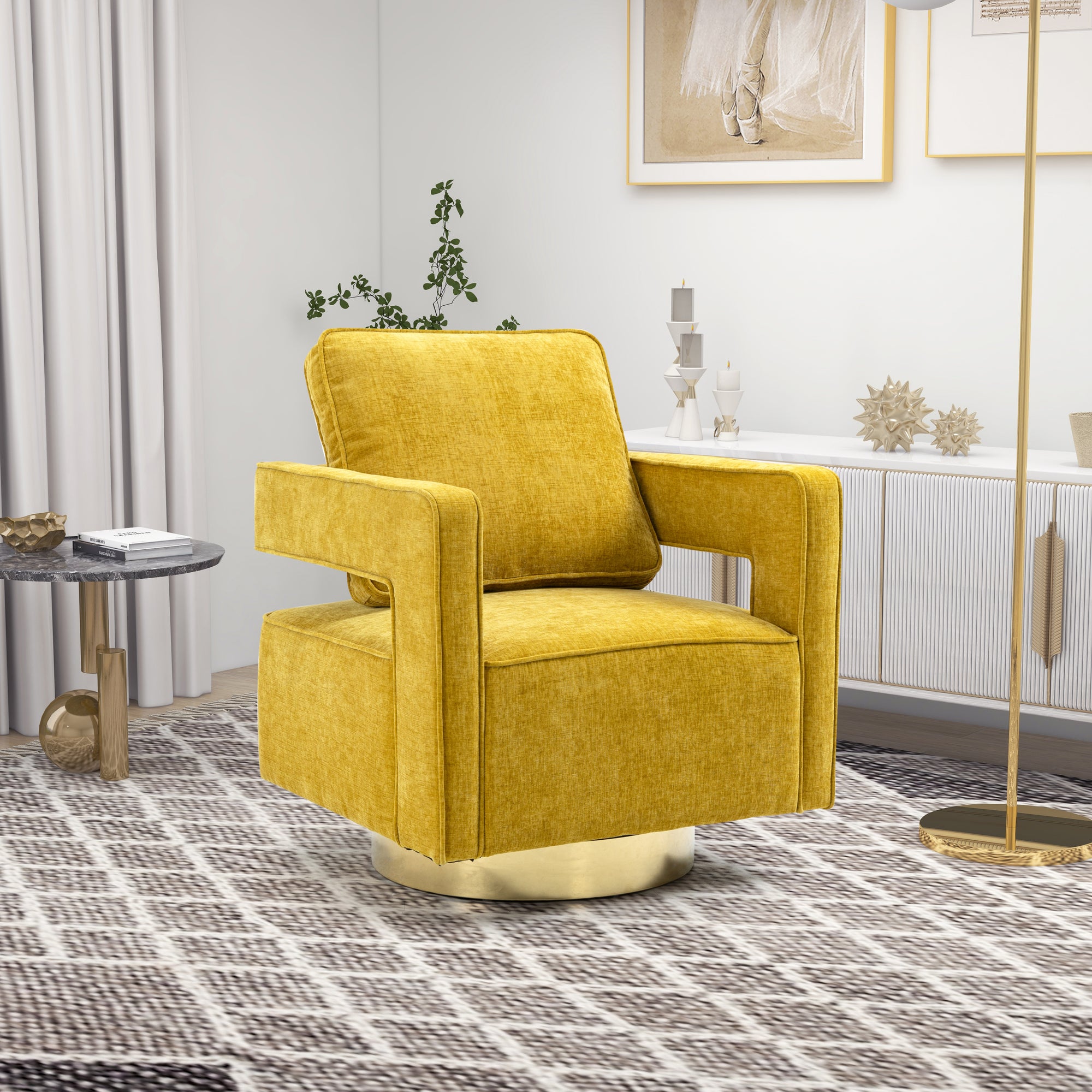 Open Back Mustard Chenille Swivel Accent Chair With Gold Stainless Steel Base