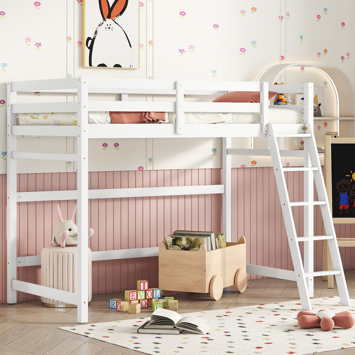 White Twin Size High Loft Bed with Inclined Ladder and Guardrails