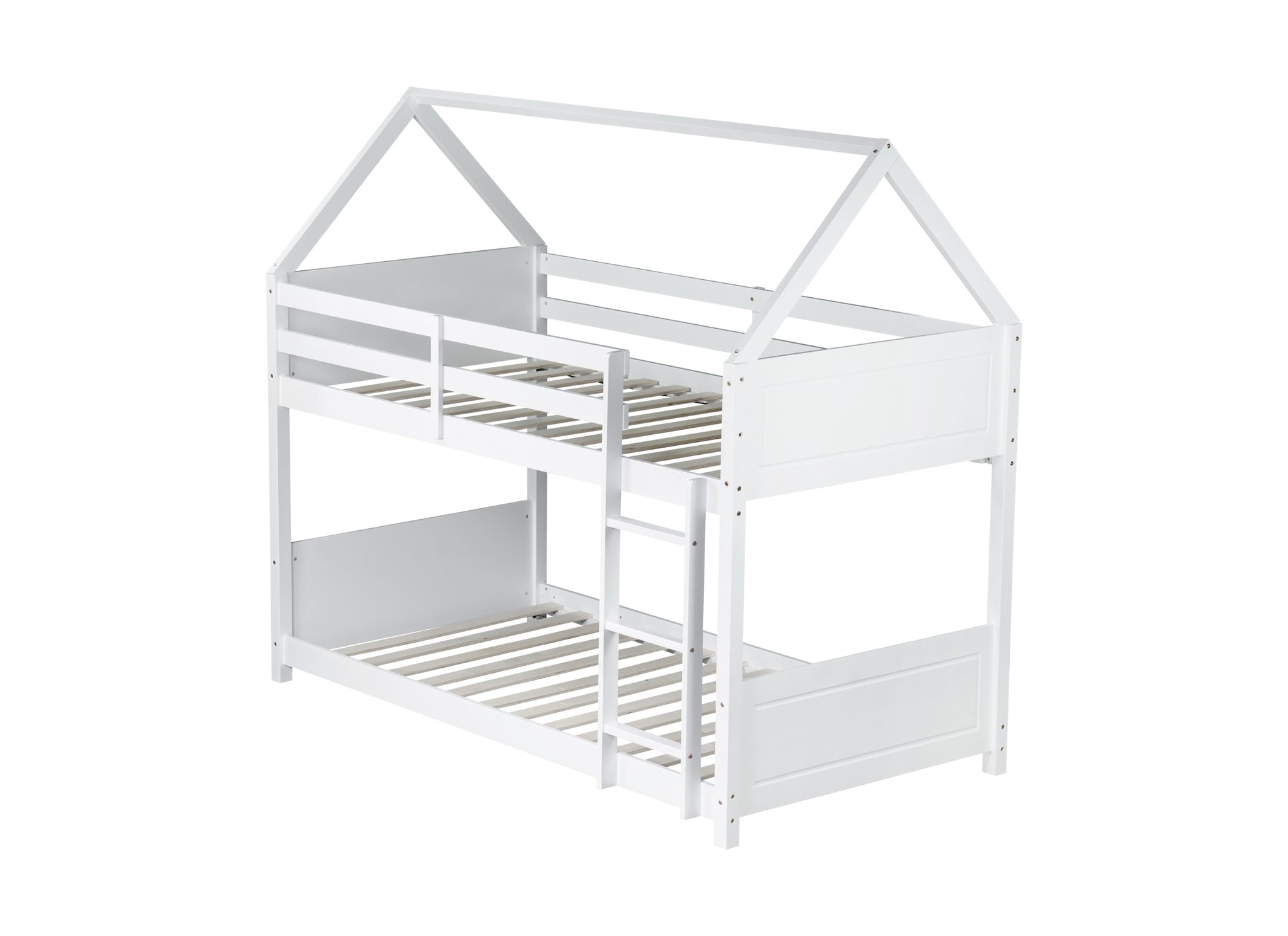 Twin Over Twin House Floor Bunk Bed with Guardrails and Ladder