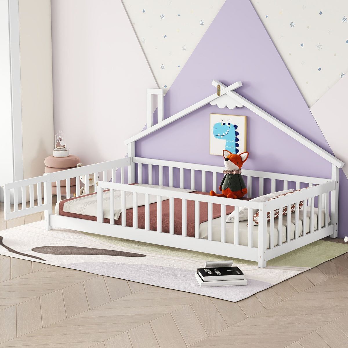 Twin House-Shaped Bedside Toddler Floor Bed with Guardrails, Slats &amp; Door