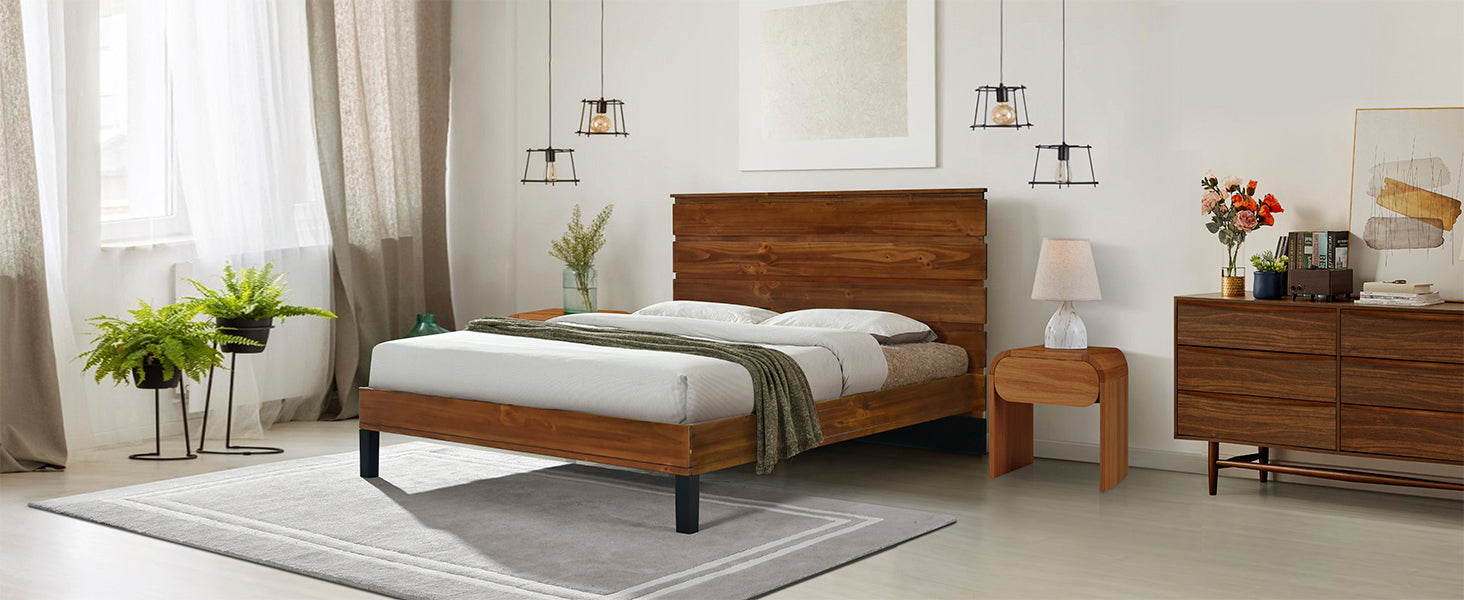 Brown Full Mid-Century Modern Solid Wood Bed with Six-Piece Headboard