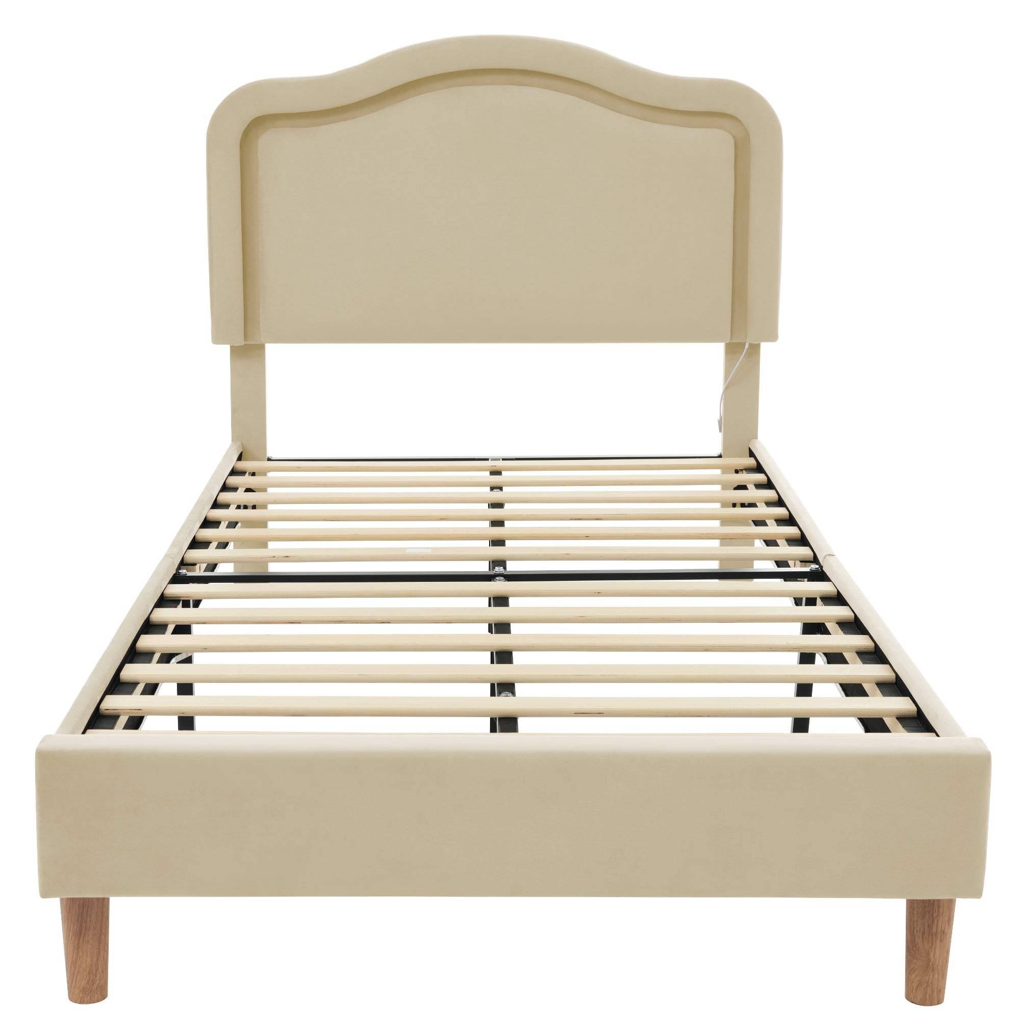 Twin Bed Frame with Adjustable LED Lights and Beige Velvet Upholstery