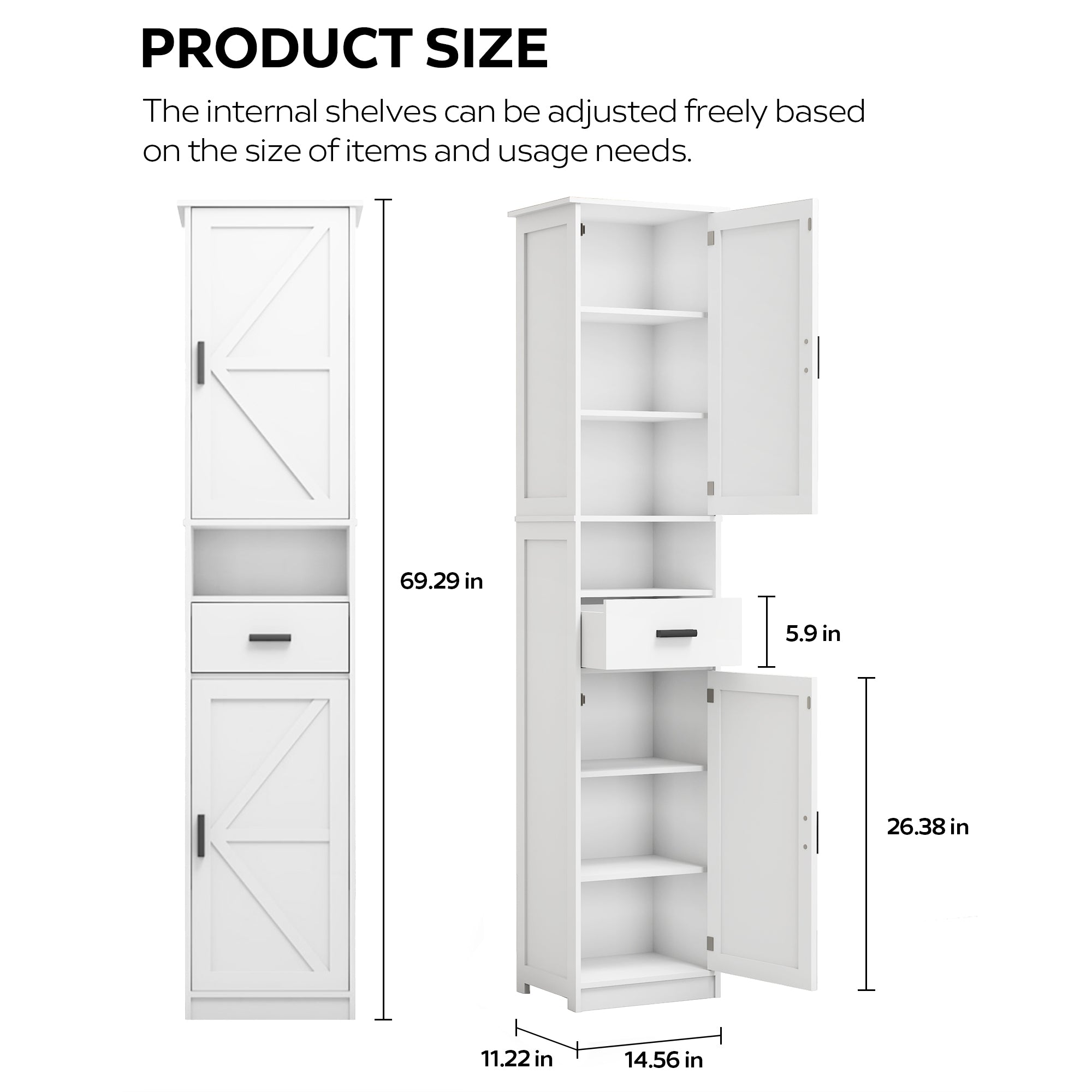 Tall Bathroom Storage Cabinet with Barn Doors and Drawer, Adjustable Shelves, Narrow Floor Unit for Small Spaces In White