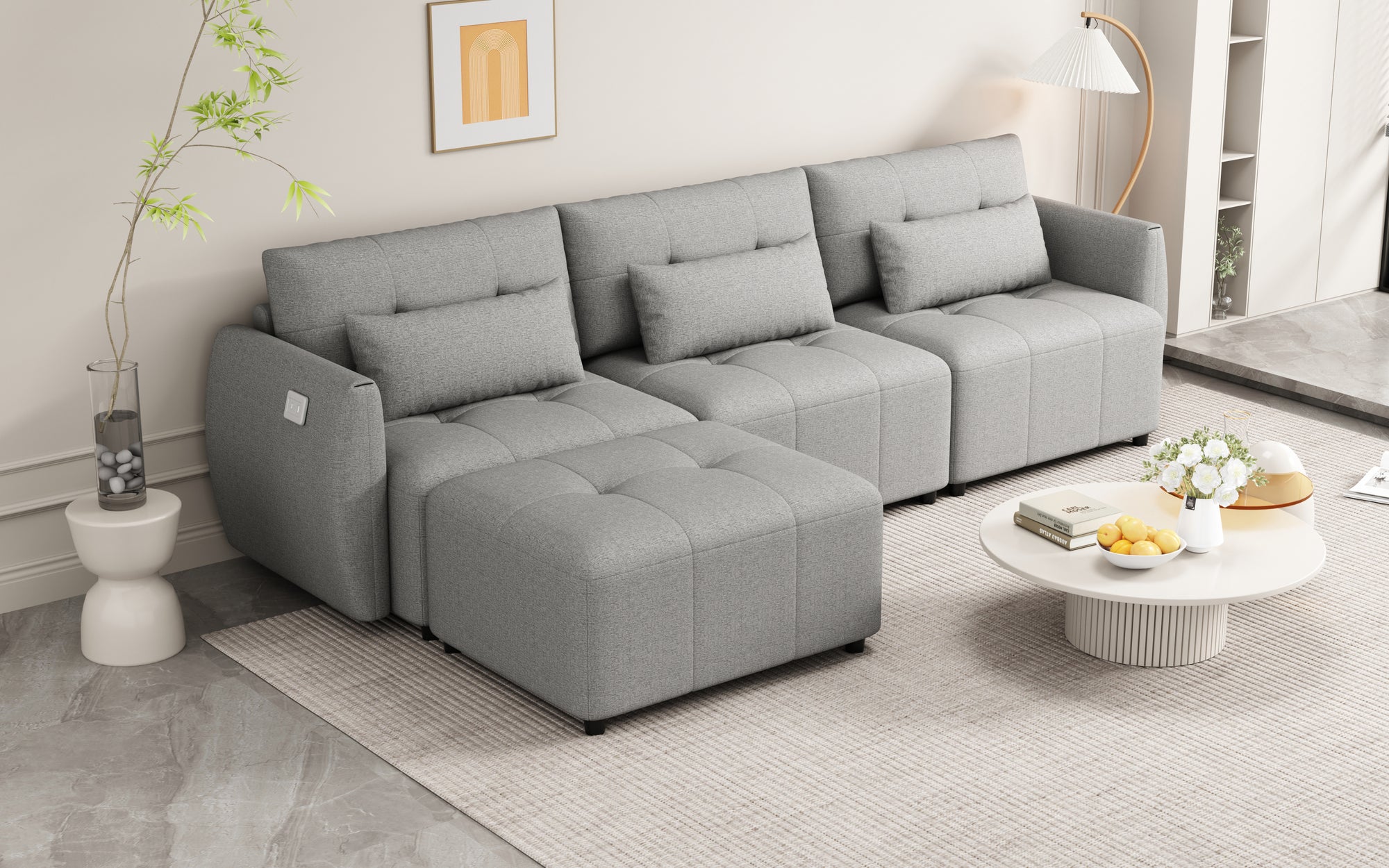 Khartoum Sectional Sofa with Movable Ottoman in Grey Chenille