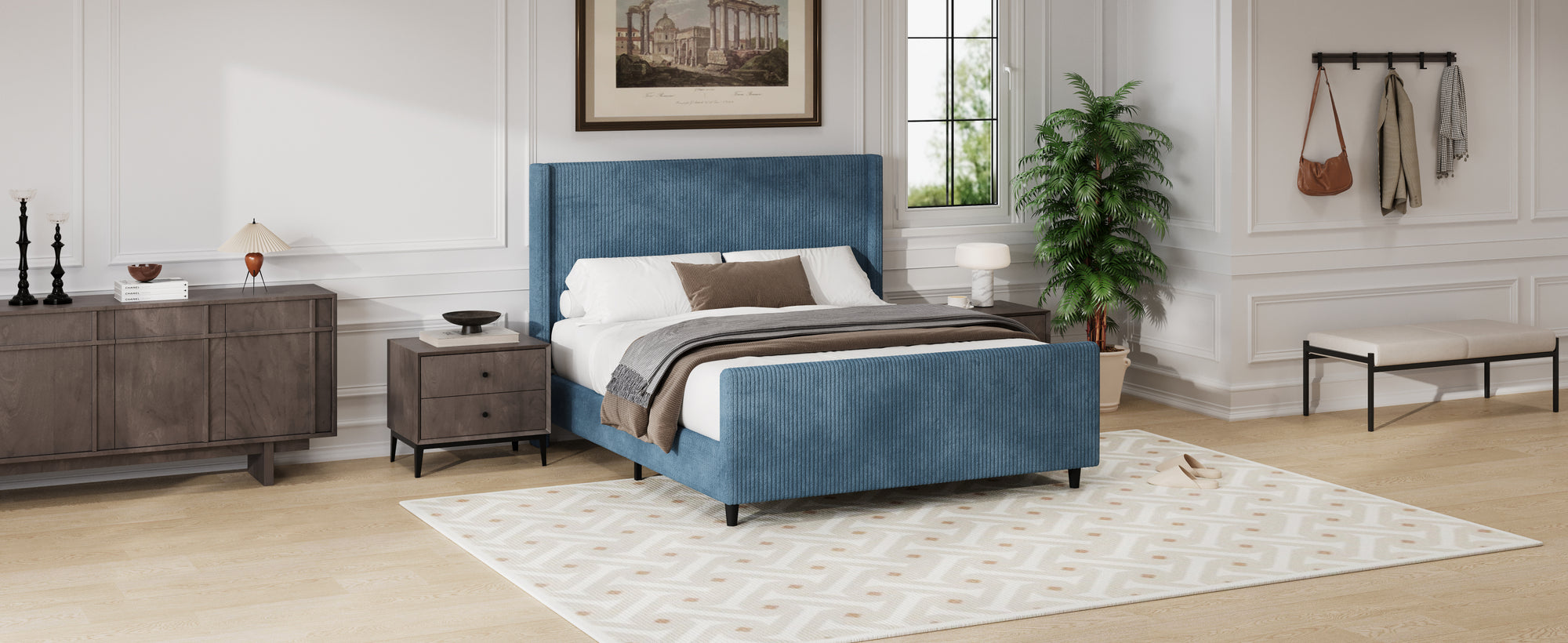 Modern Queen Size Corduroy Upholstered Platform Bed Frame With High Headboard