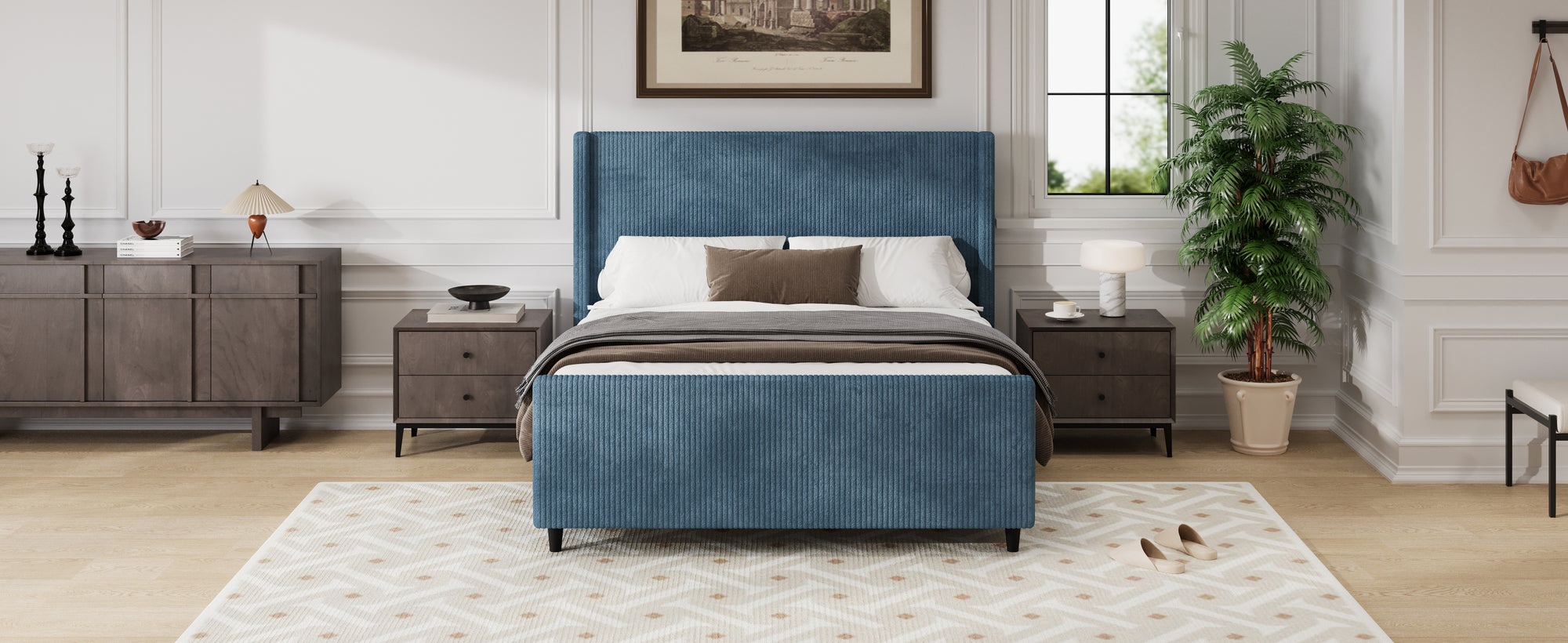 Modern Queen Size Corduroy Upholstered Platform Bed Frame With High Headboard