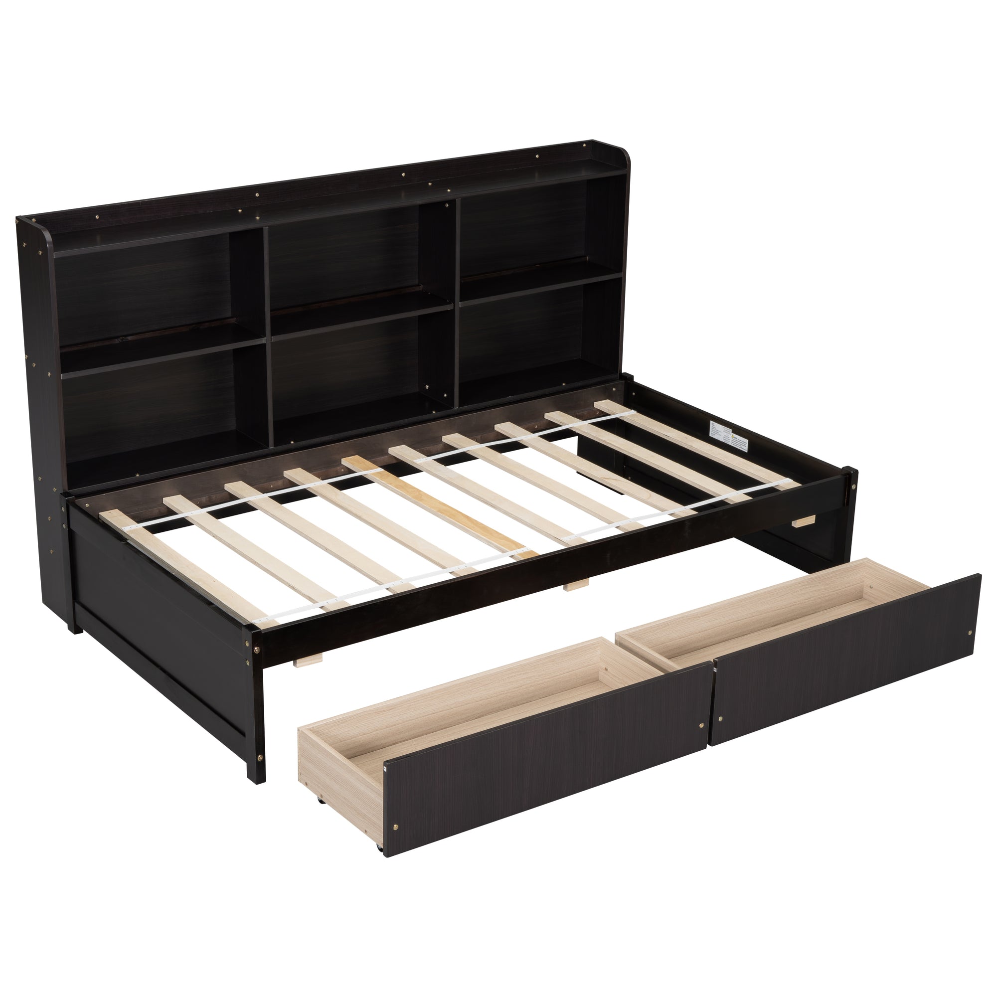 Espresso Tone Twin Bed with Side Bookcase and Storage Drawers