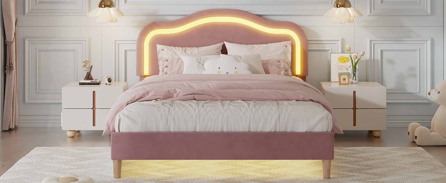 Pink Queen Bed Frame with Adjustable LED Lights and Velvet Upholstery