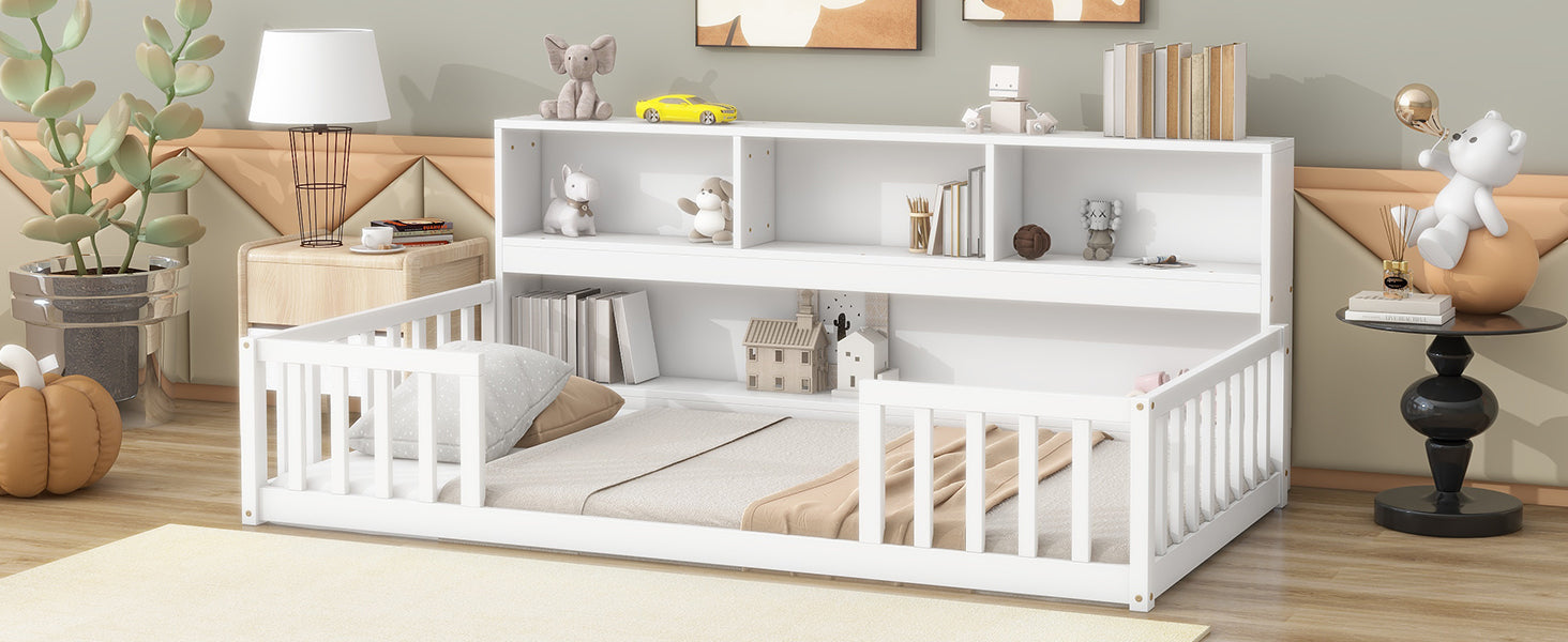 Twin Toddler Floor Bed with Bedside Bookcase, Shelves, and Guardrails in White