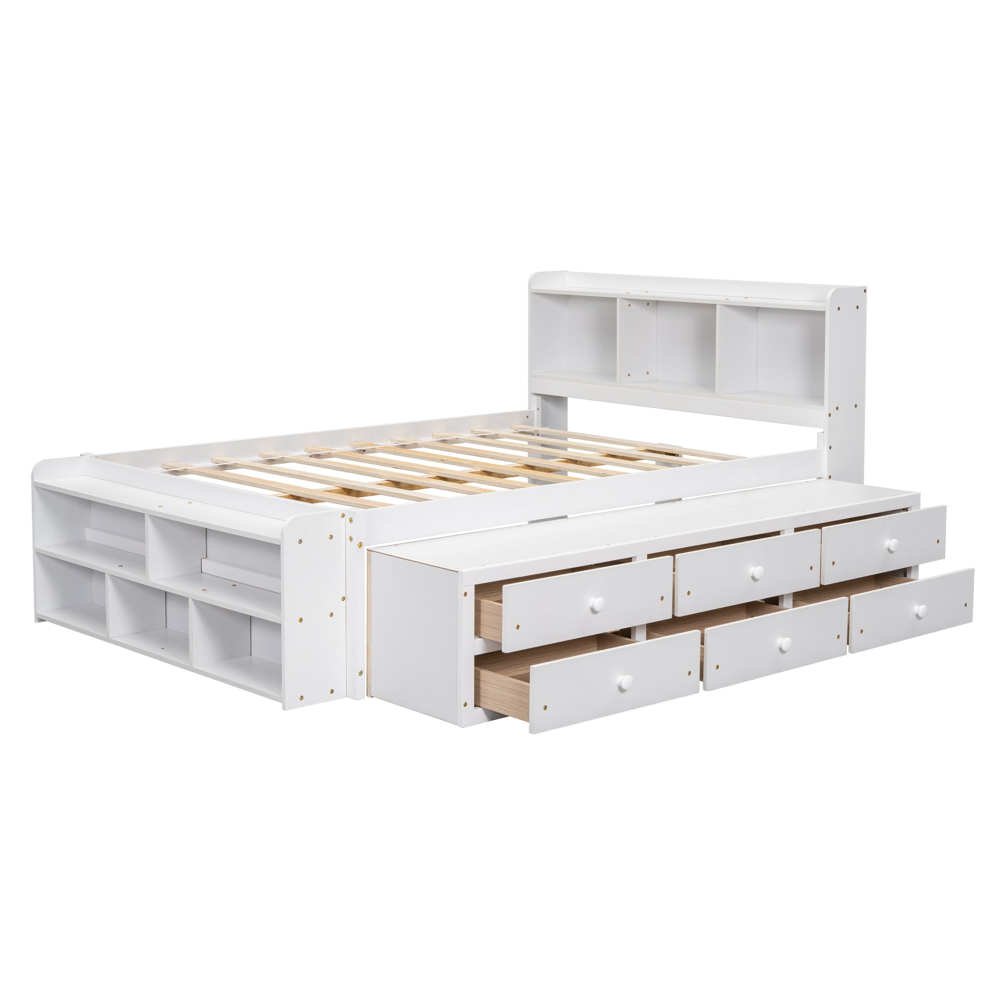 White Full Bed with Bookcase Headboard, Under-Bed Storage Drawers, and Bed-End Storage Case