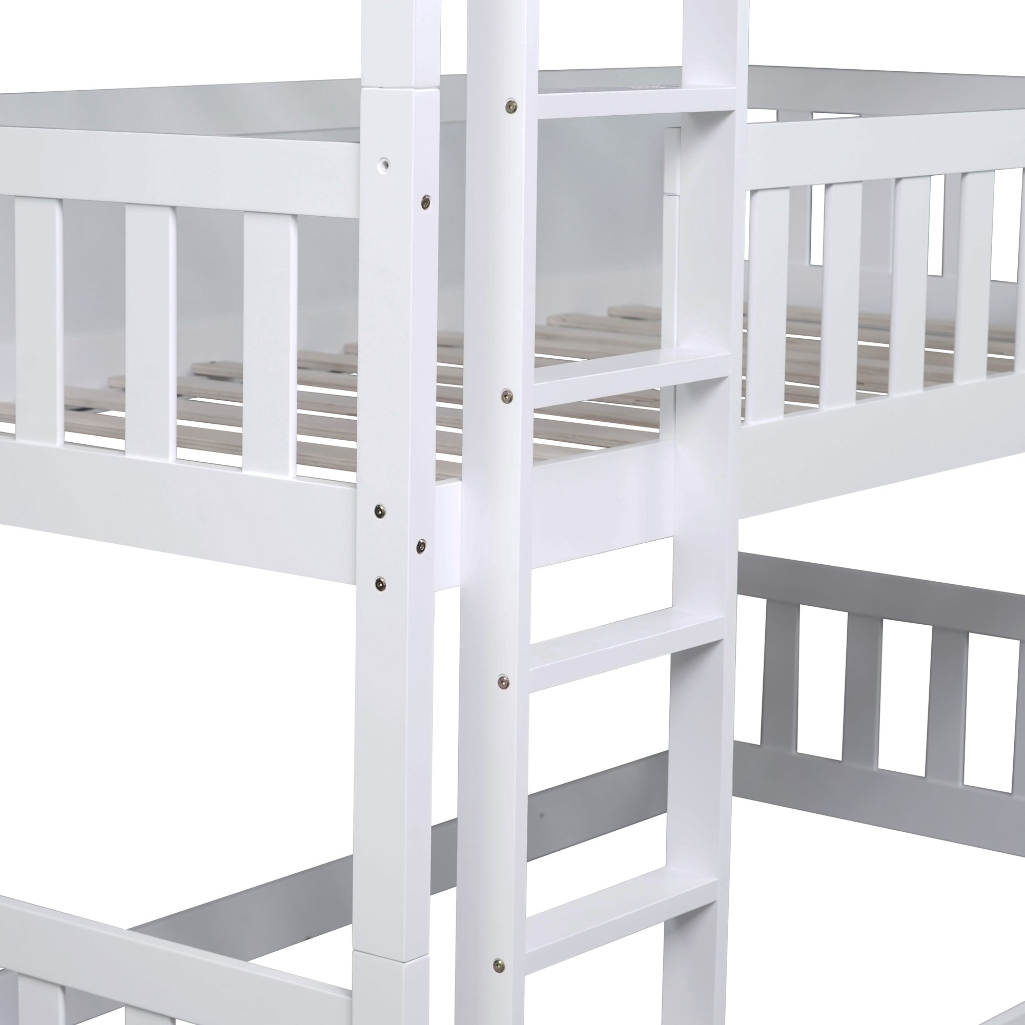 Detachable Twin Size Triple Bunk Bed with Ladders and Guardrails in White