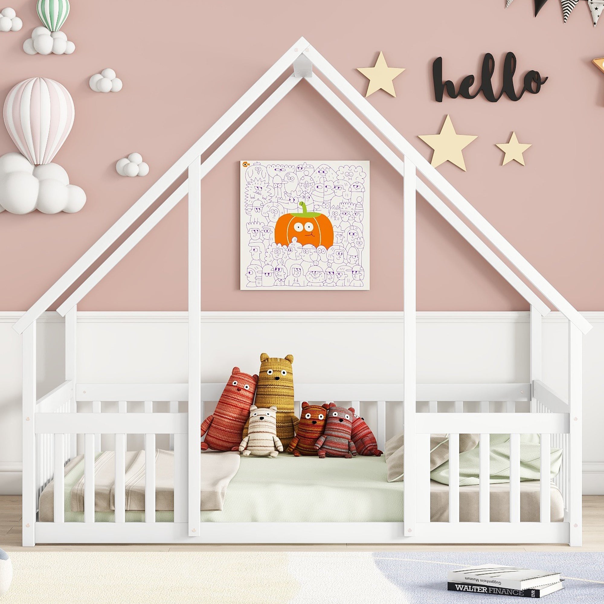 White Full Wood House-Shaped Toddler Floor Bed with Fence and Guardrails