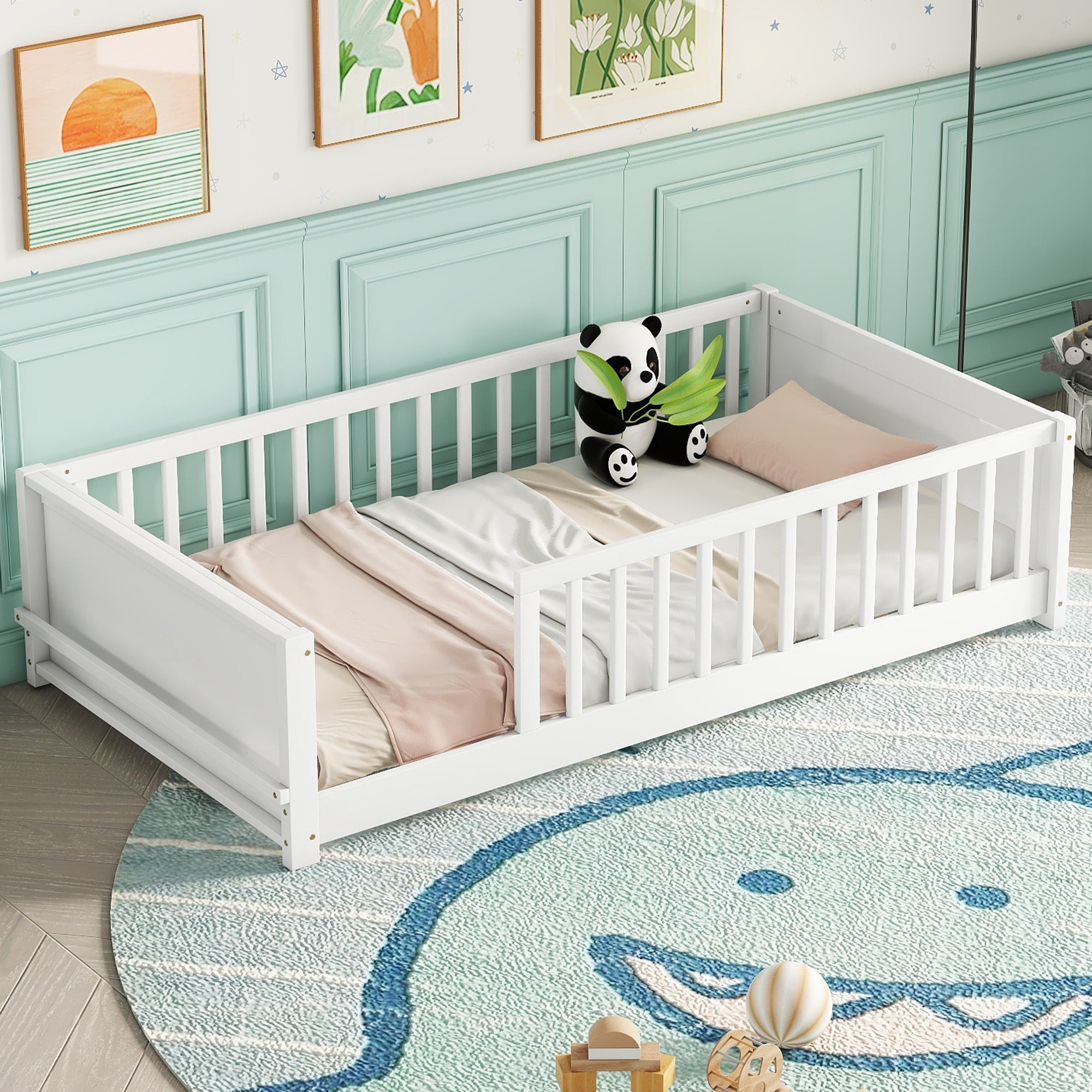 White Twin Toddler Floor Platform Bed with Built-in Book Storage Rack