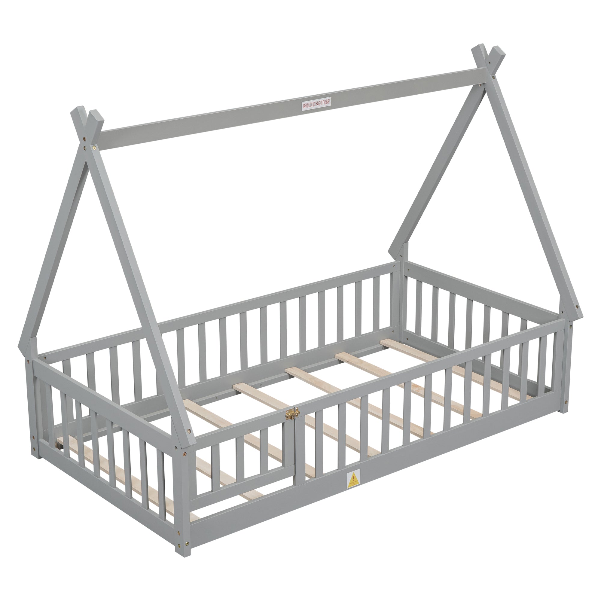 Gray Twin Tent-Shaped Toddler Floor Bed with Guardrails, Slats, and Door