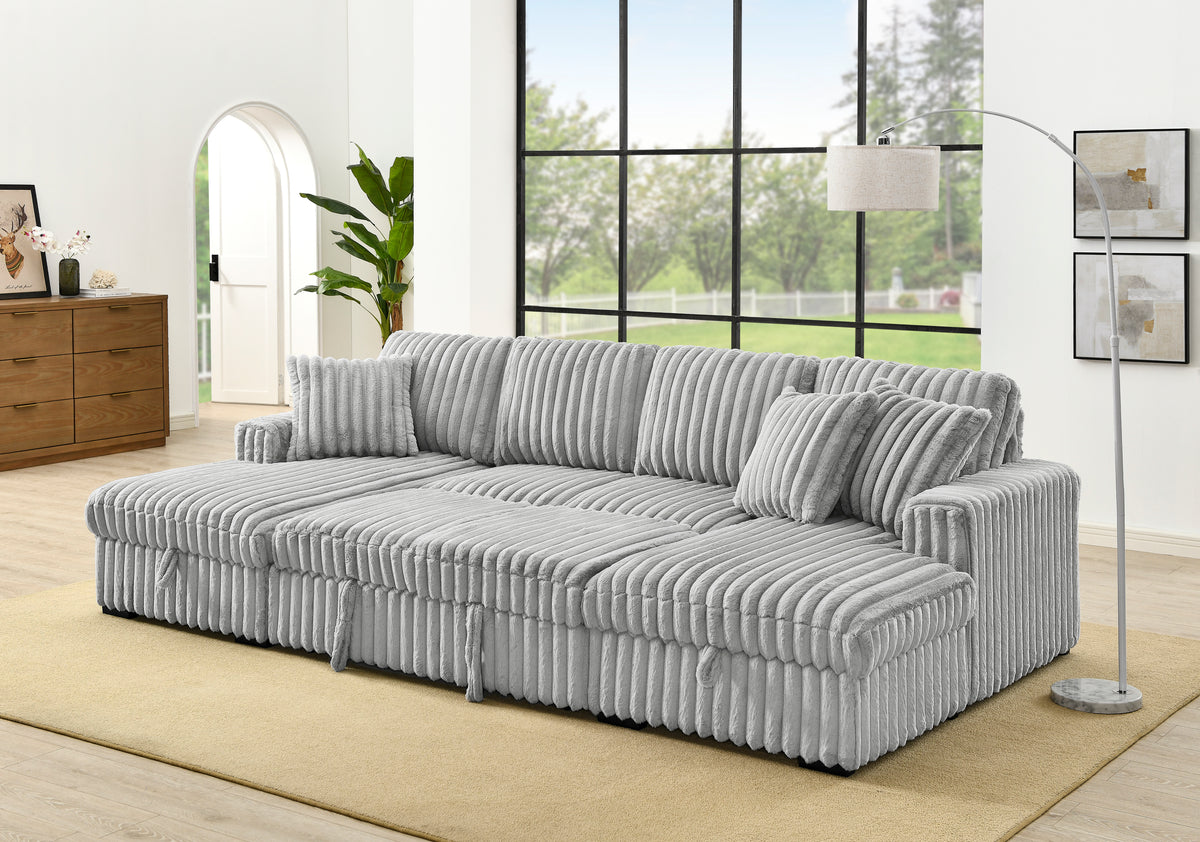 U Shaped Sleeper Sofa 122 Inch Oversize 2 in 1 Pull Out Bed with Double Storage Chaise In Grey