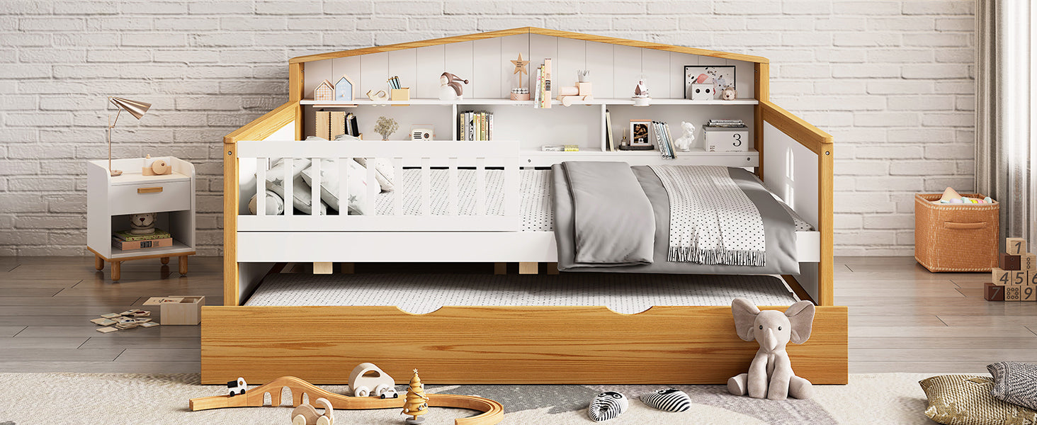 Full Size Safety Bed Frame with Trundle and Integrated Bookcase Headboard