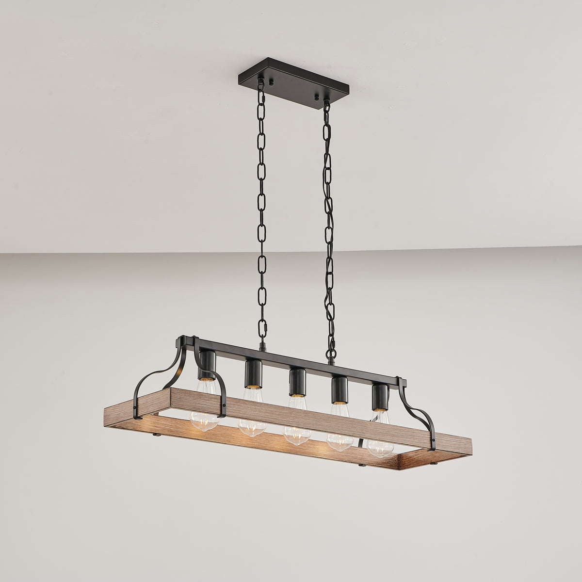 Black and Faux Wood Grain Pendant Light