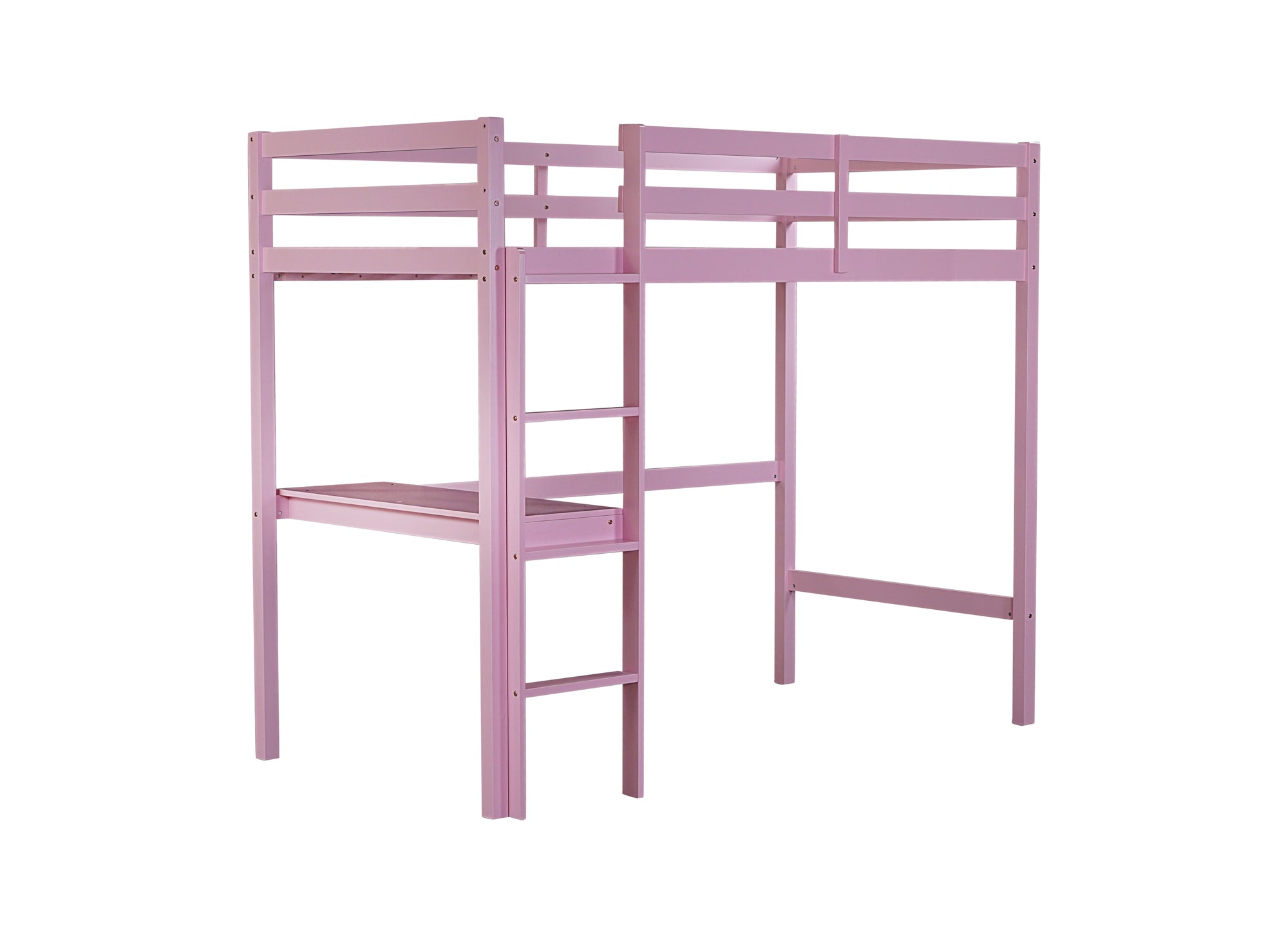 Pink Twin High Loft Bed with Built-in Desk, Rubber Wood Frame, and Safety Guardrail