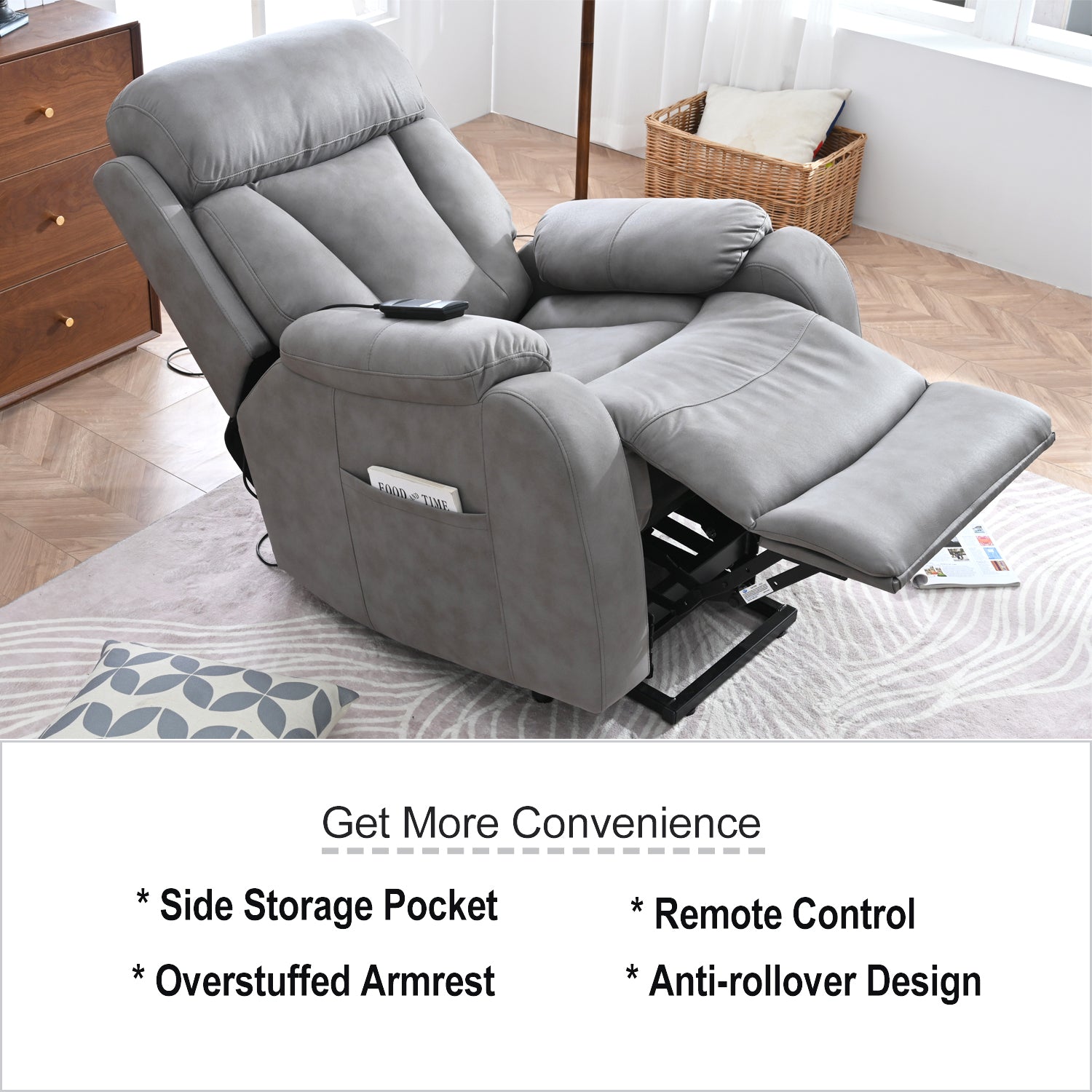 Electric Power Lift Recliner Chair for Seniors - Light Gray Fabric, Remote Control, Side Pocket, Ideal for Elderly Comfort