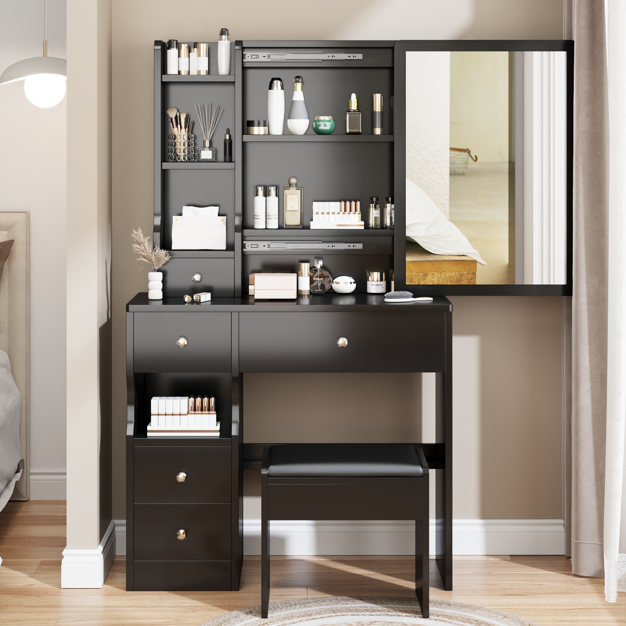 Small Space Left Drawer Desktop Vanity Table With Stool, Extra Large Sliding Mirror, High Capacity Storage For Girls Up To 5.6ft Tall In Black