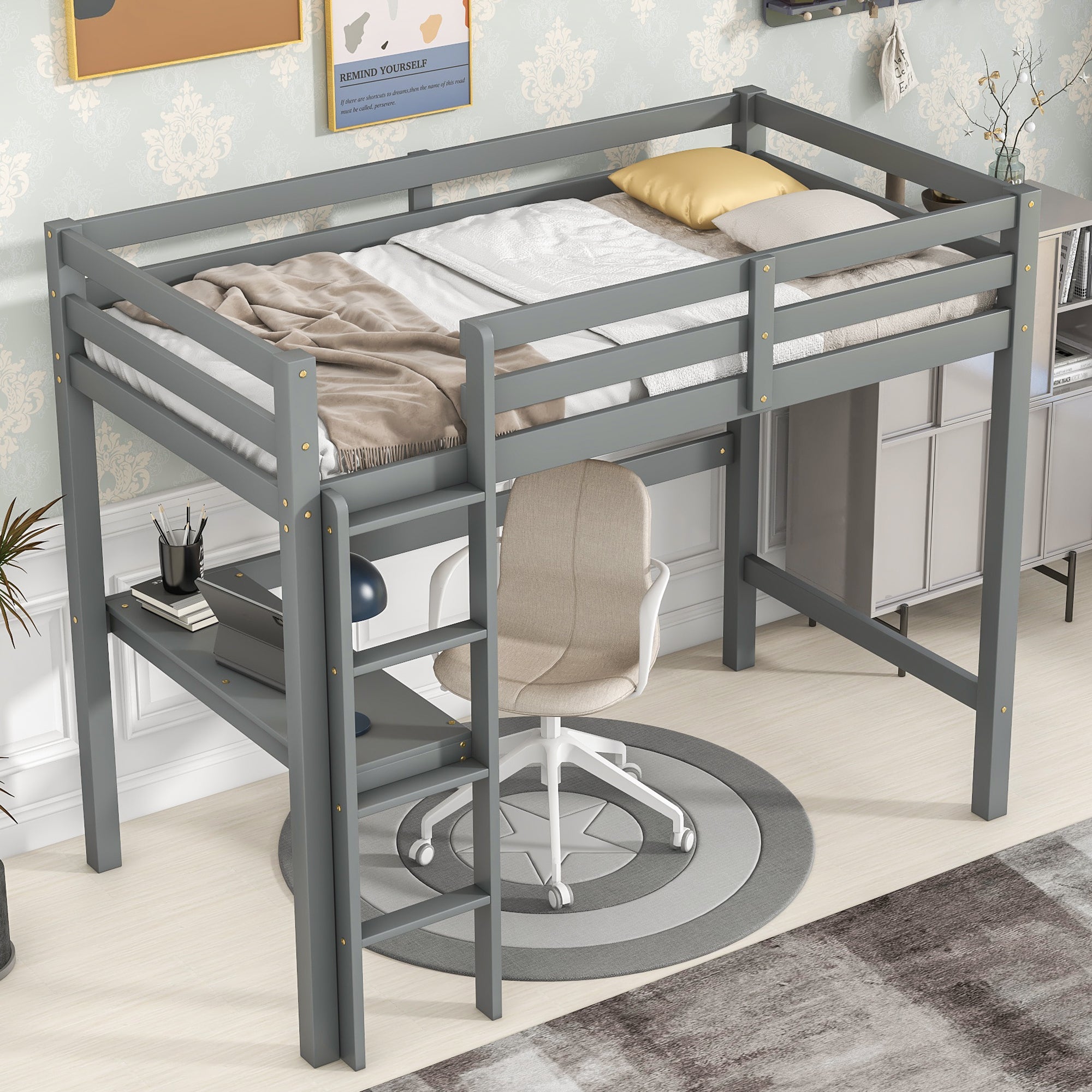 Gray Twin Loft Bed with Built-in Desk