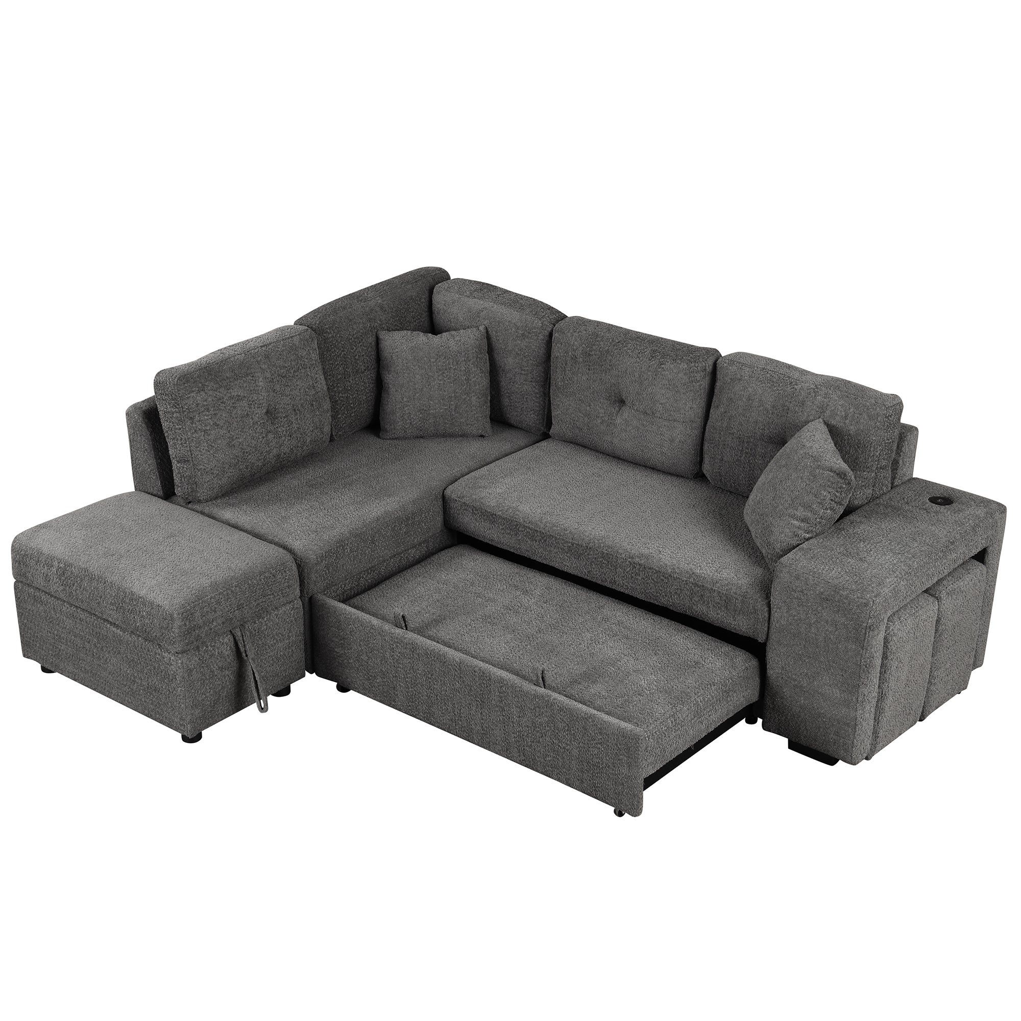 Dark Gray Chenille Pull-Out Sofa Bed with Storage Ottomans and Wireless Charger