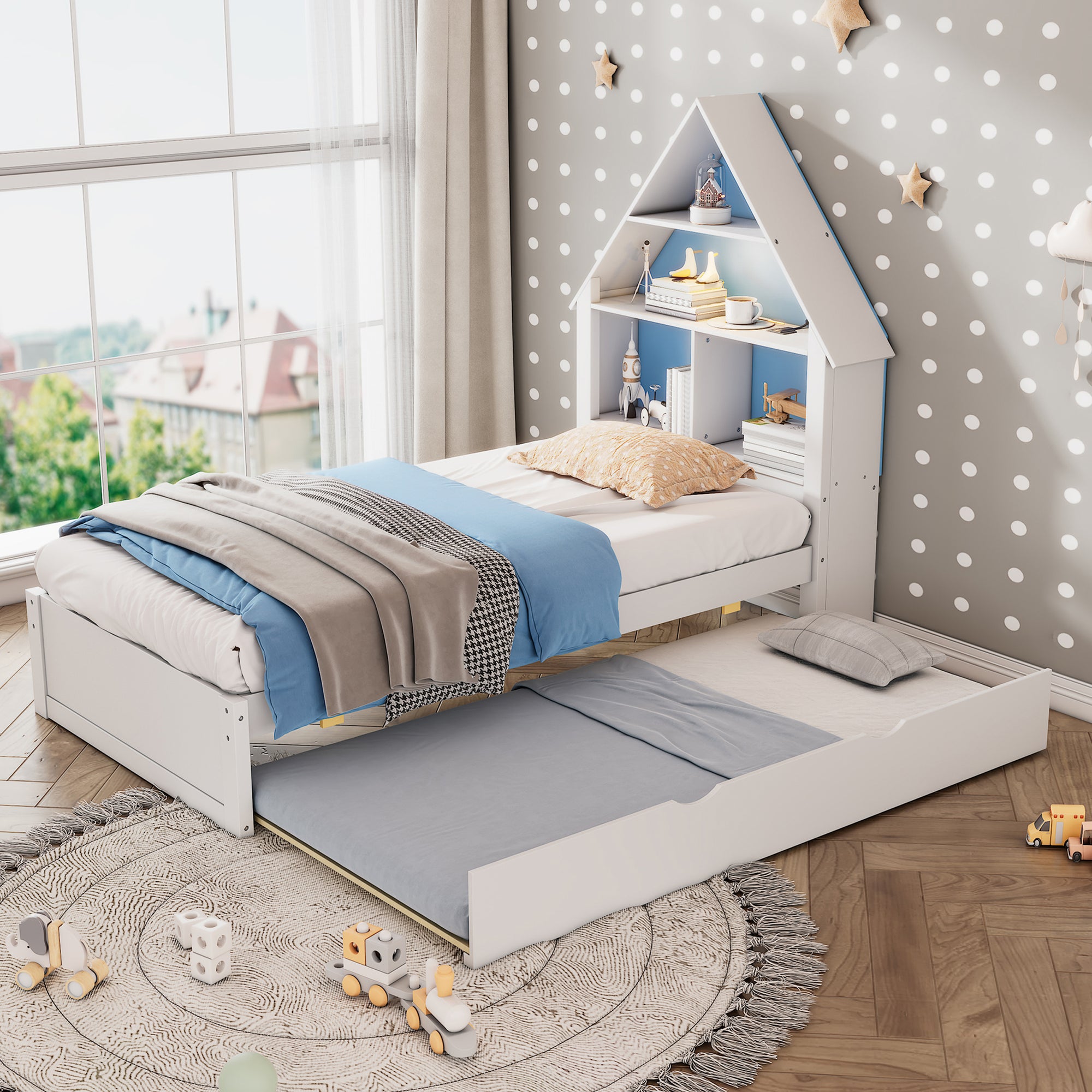 White & Blue Twin Size Bed with Bookcase, Trundle, and Motion-Activated Nightlight