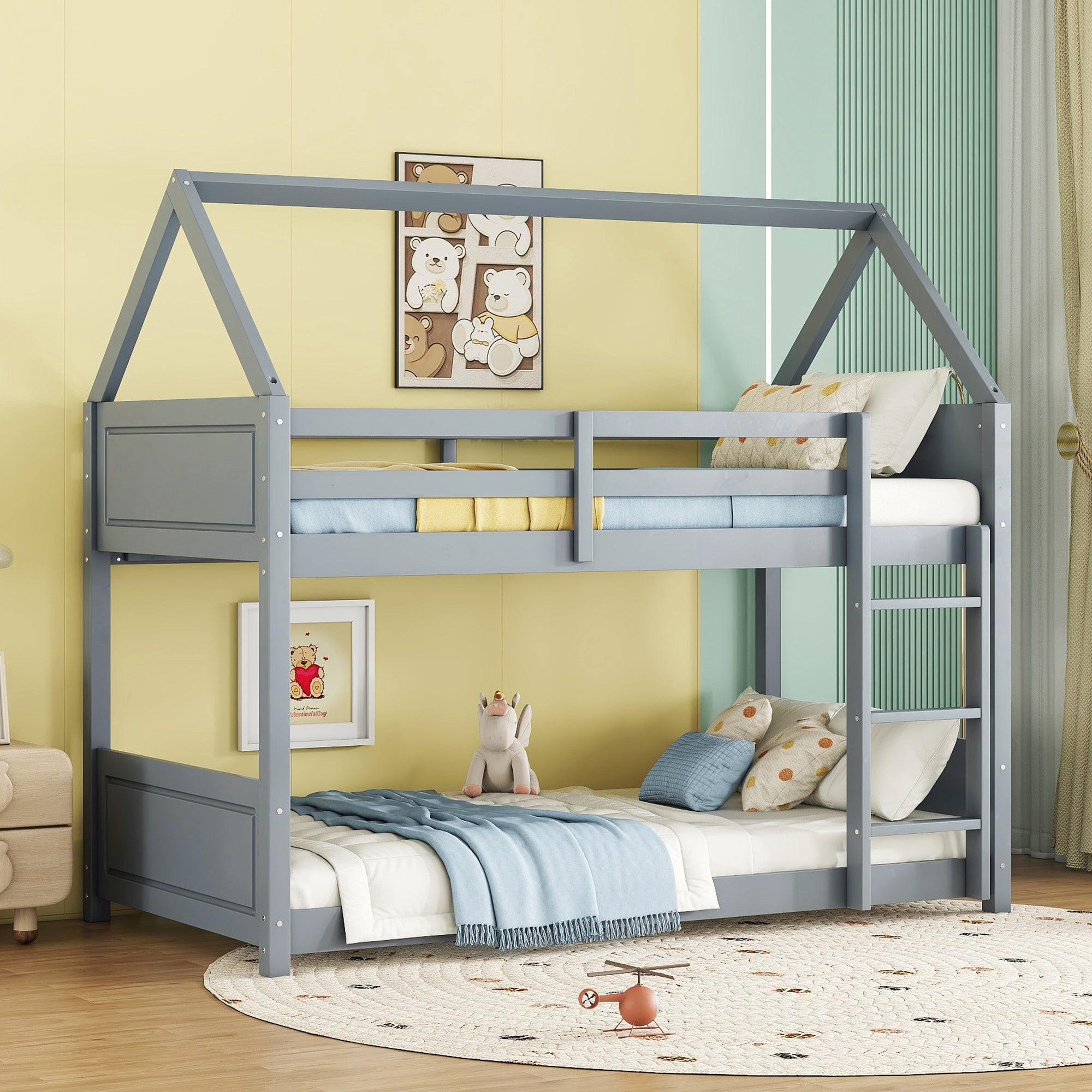 Light Gray Twin Over Twin House Floor Bunk Bed