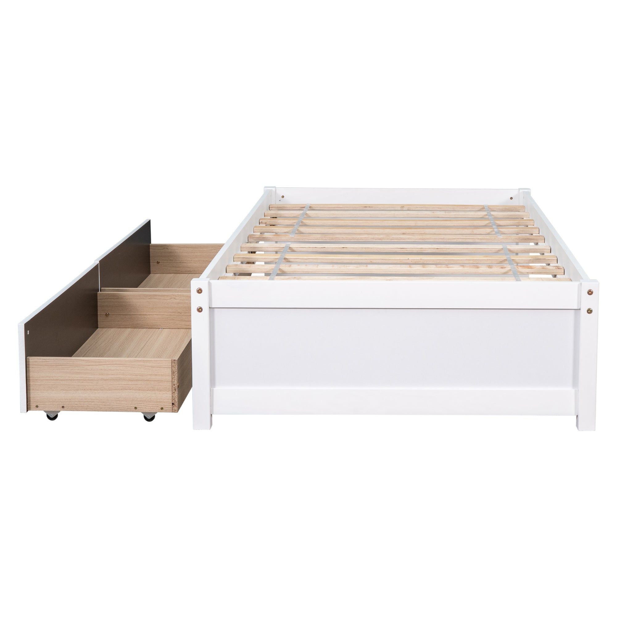 White Twin Bed with 2 Drawers, Solid Wood and No Box Spring Needed