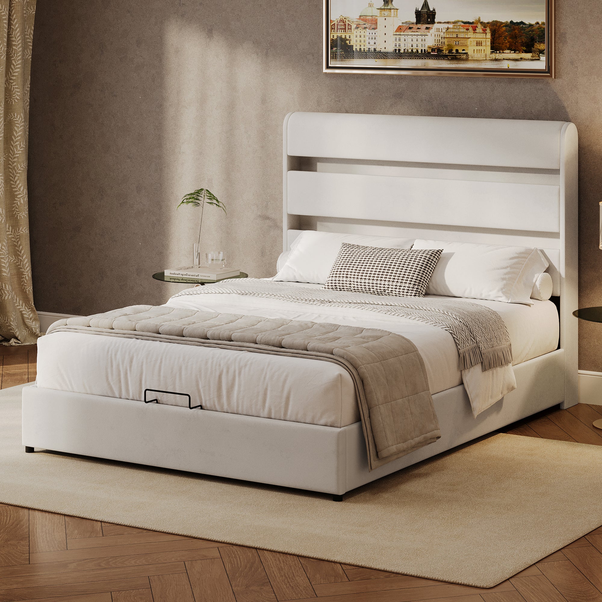 King Size Hydraulic Beige Velvet Upholstered Bed With Storage and LED Lighting