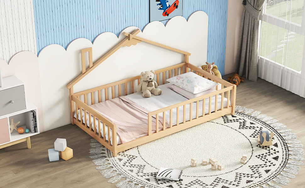 Twin House-Shaped Toddler Floor Bed with Guardrails and Fence in Natural Tones