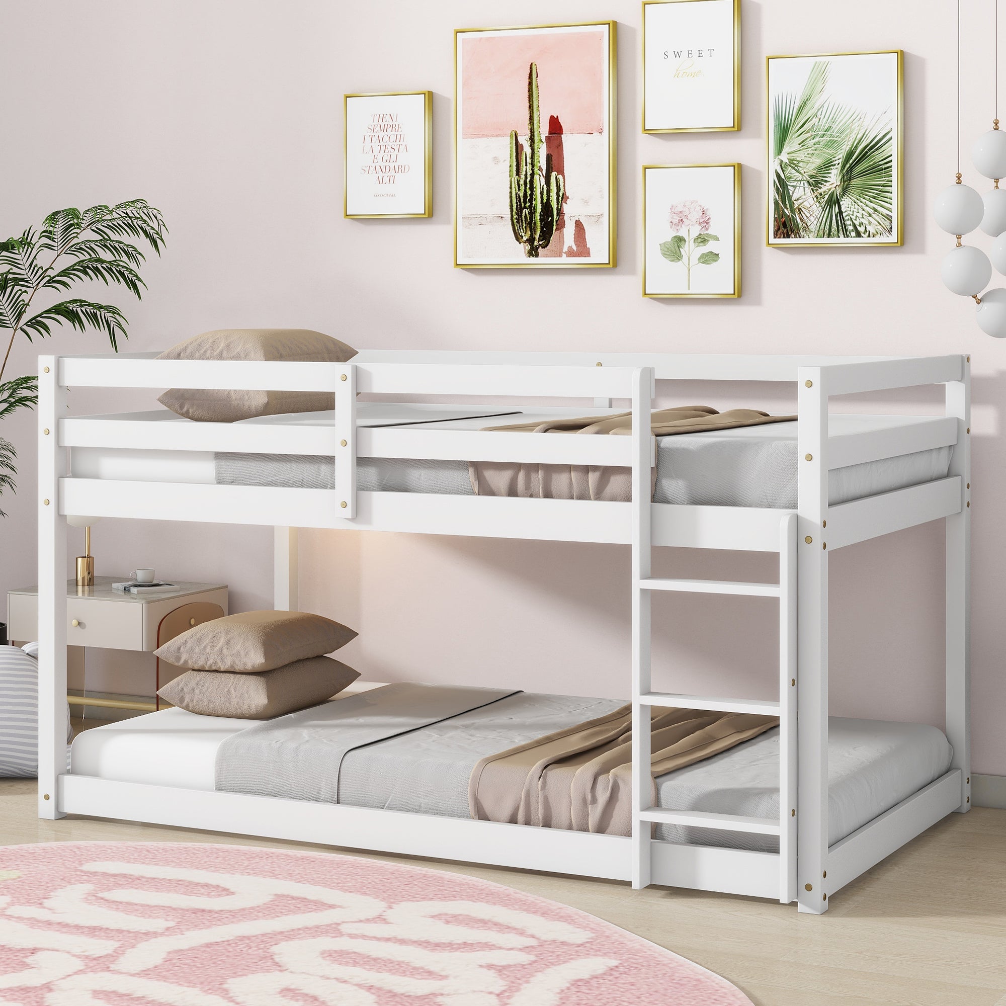 White Twin Over Twin Loft Bed with Ladder In Sturdy Rubber Wood Construction