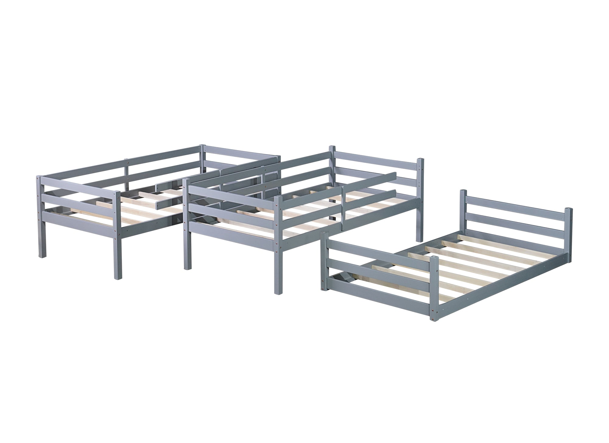 Gray Triple Rubber Wood Bunk Bed with Built-in Ladders and Guardrails