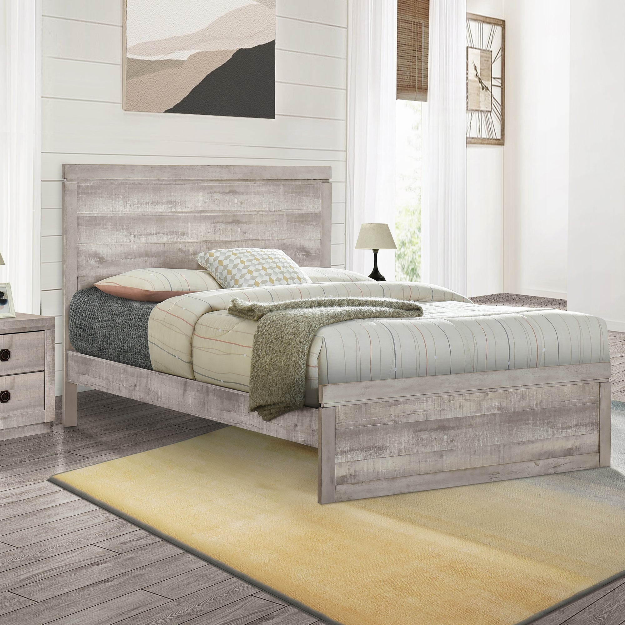 Full Size Farmhouse Style Pine Wood Platform Bed Frame in Rustic White