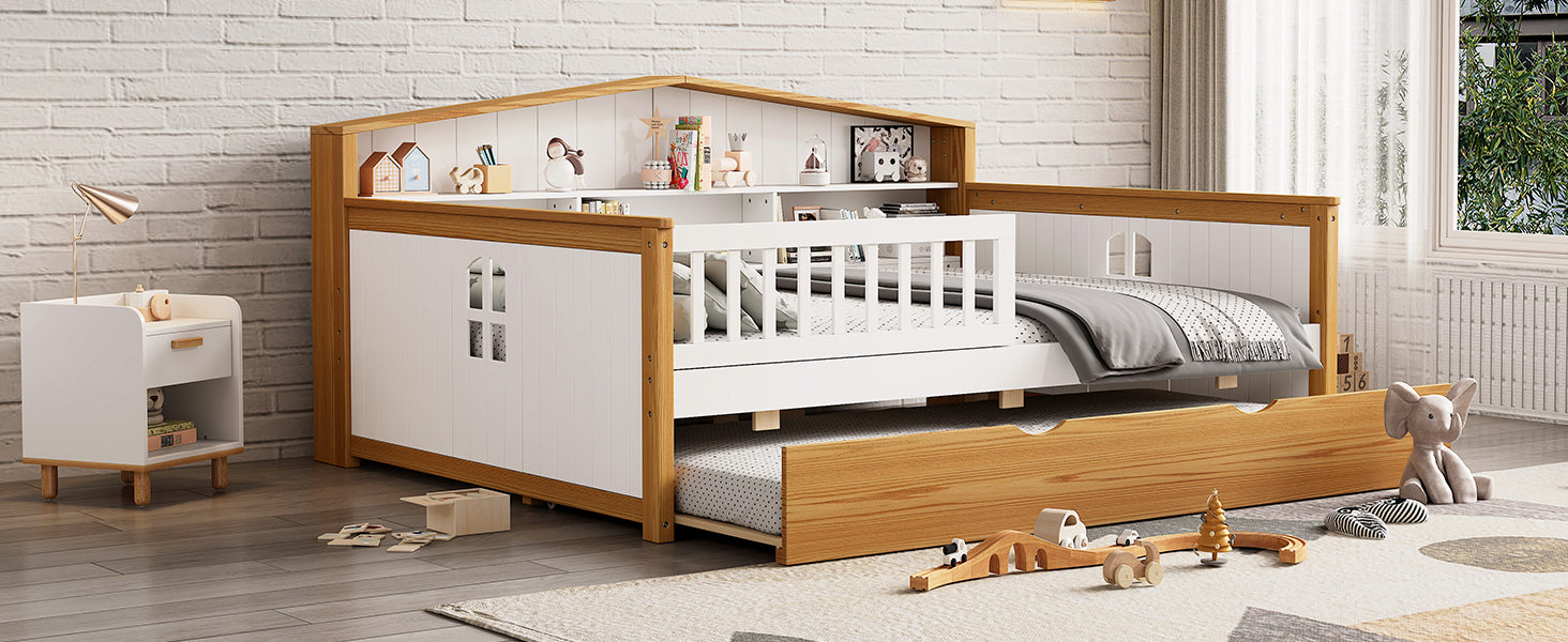 Full Size Safety Bed Frame with Trundle and Integrated Bookcase Headboard