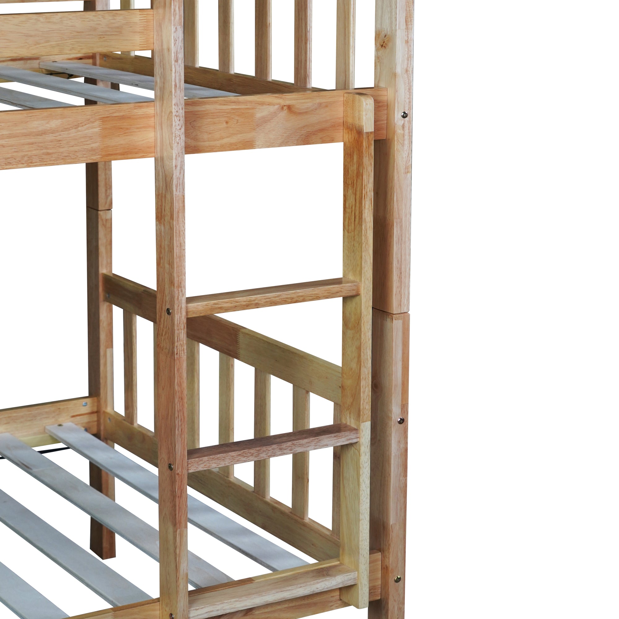 Twin Over Twin Rubberwood Bunk Bed with Trundle, Convertible Design in Natural Tones