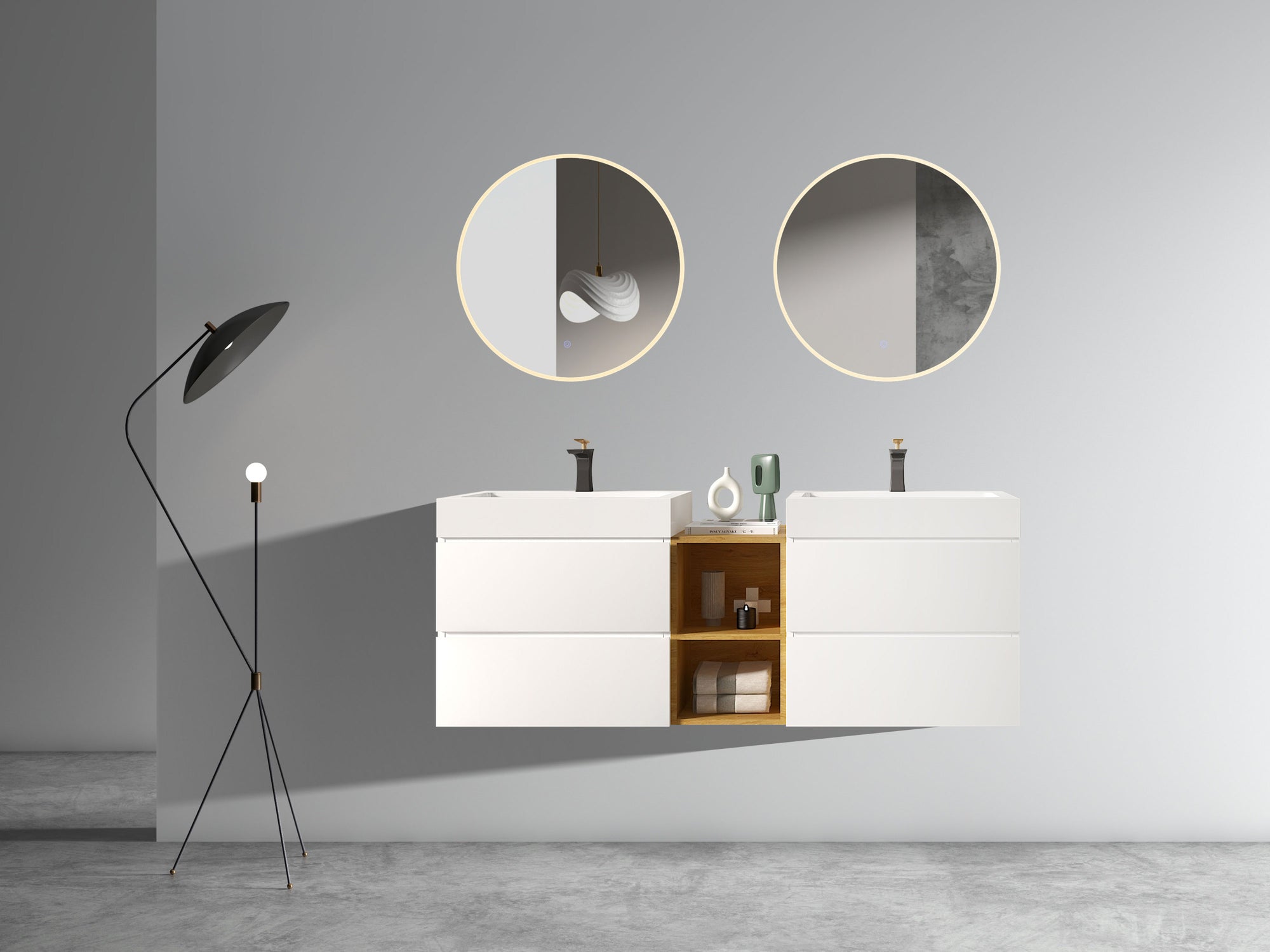 Modern White Bathroom Vanity with Double Sinks and Open Shelf Wall Mounted Floating Design One-Piece Sink In White