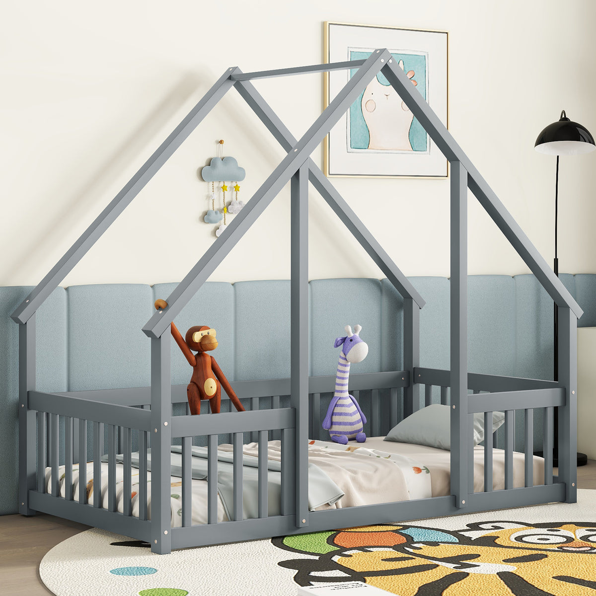 Twin Wood House-Shaped Toddler Floor Bed with Fence &amp; Guardrails in Gray