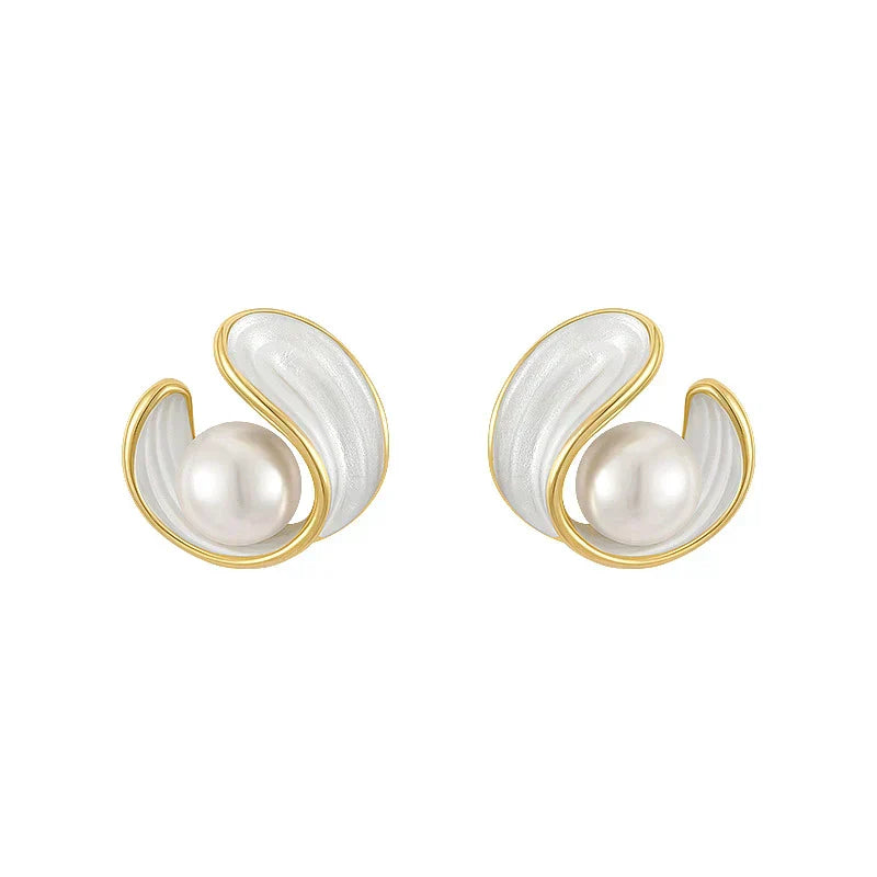 Sparkling White Pearl Stud Earrings in Gold